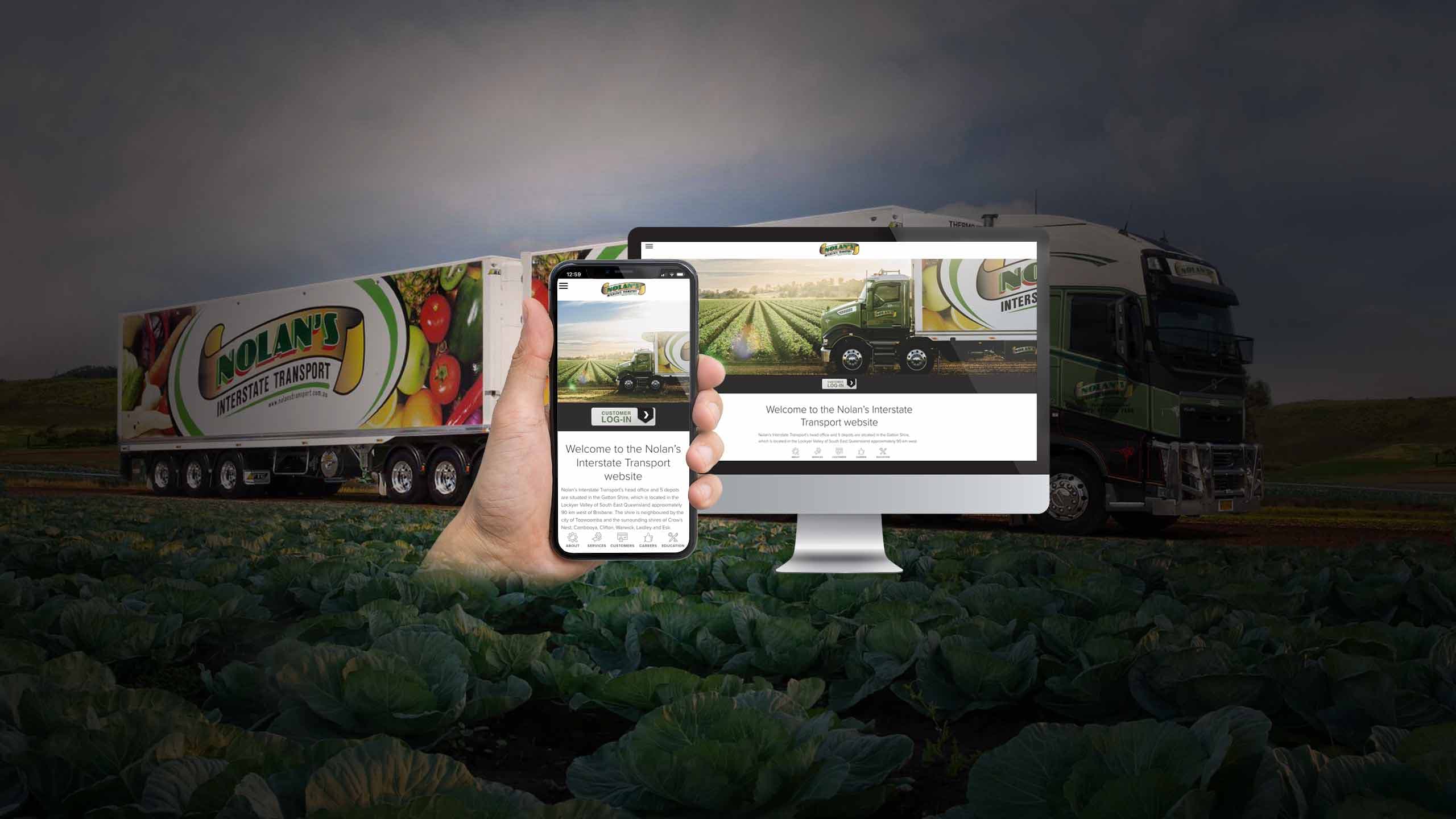 Nolan's Transport website homepage on a desktop monitor and smartphone beside a branded produce truck
