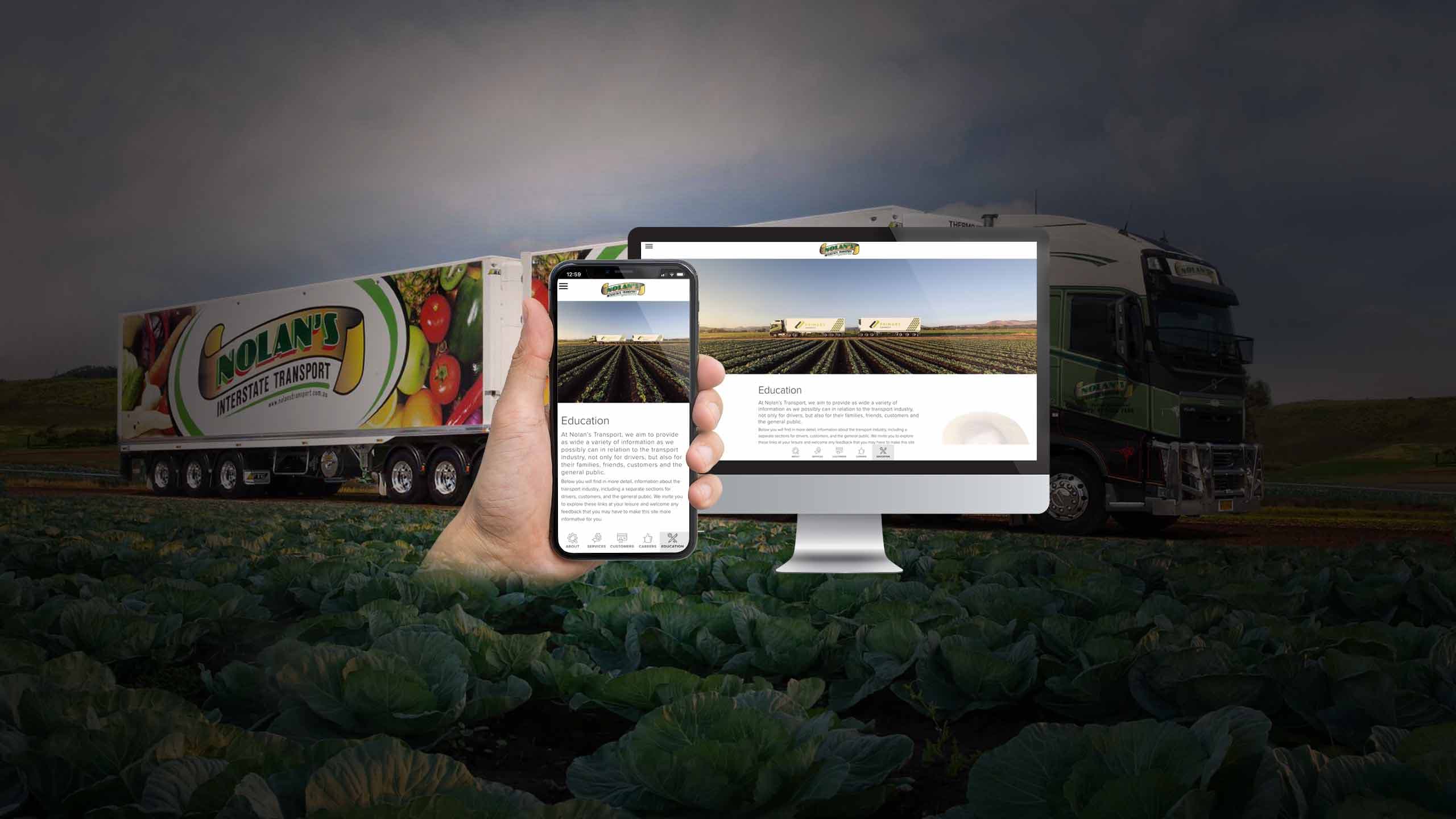 Nolan's Transport website Education page on a desktop monitor and smartphone in front of a road train