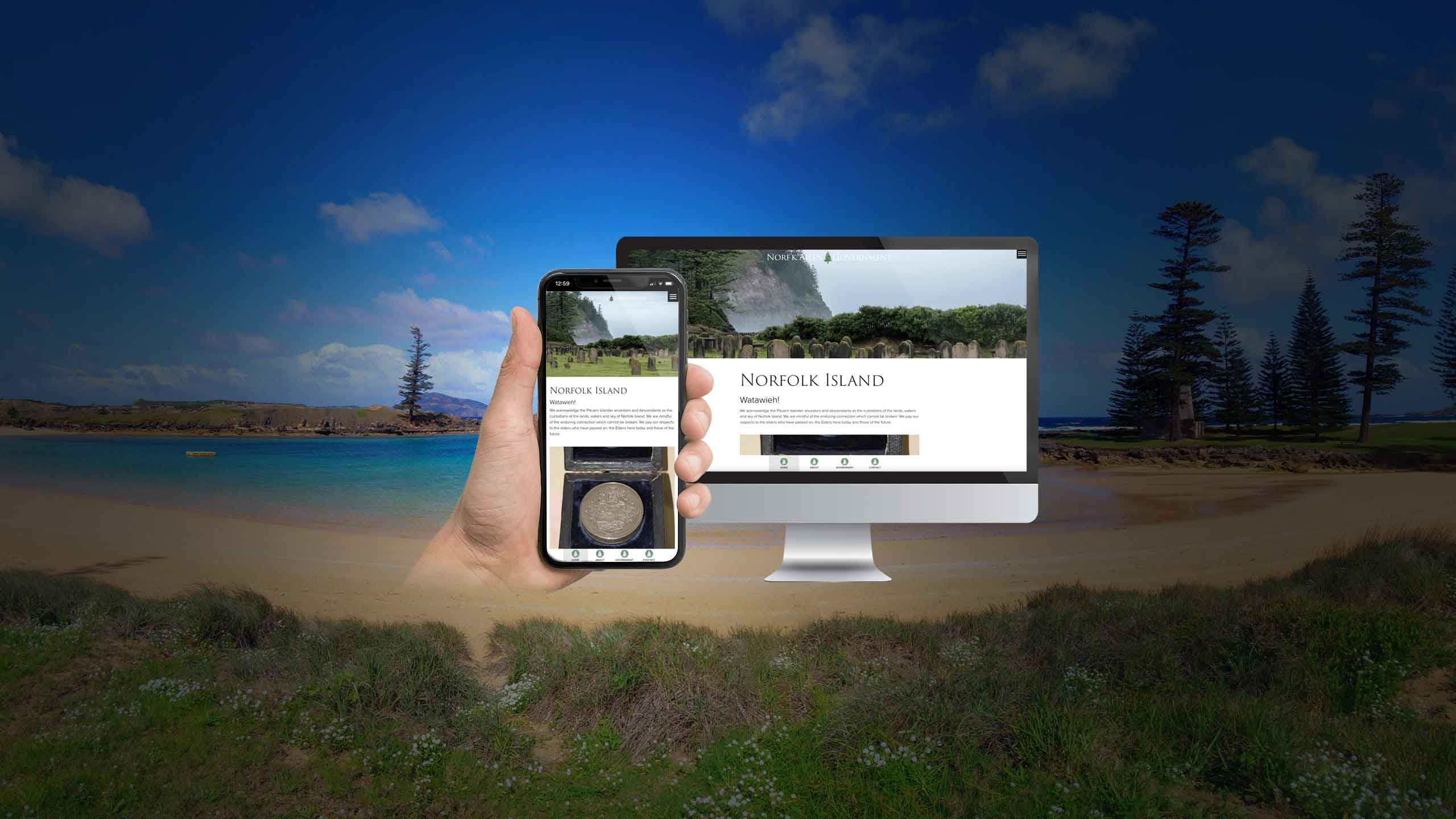 Norf'k Ailen Government website on desktop and mobile devices over a Norfolk Island beach and pines