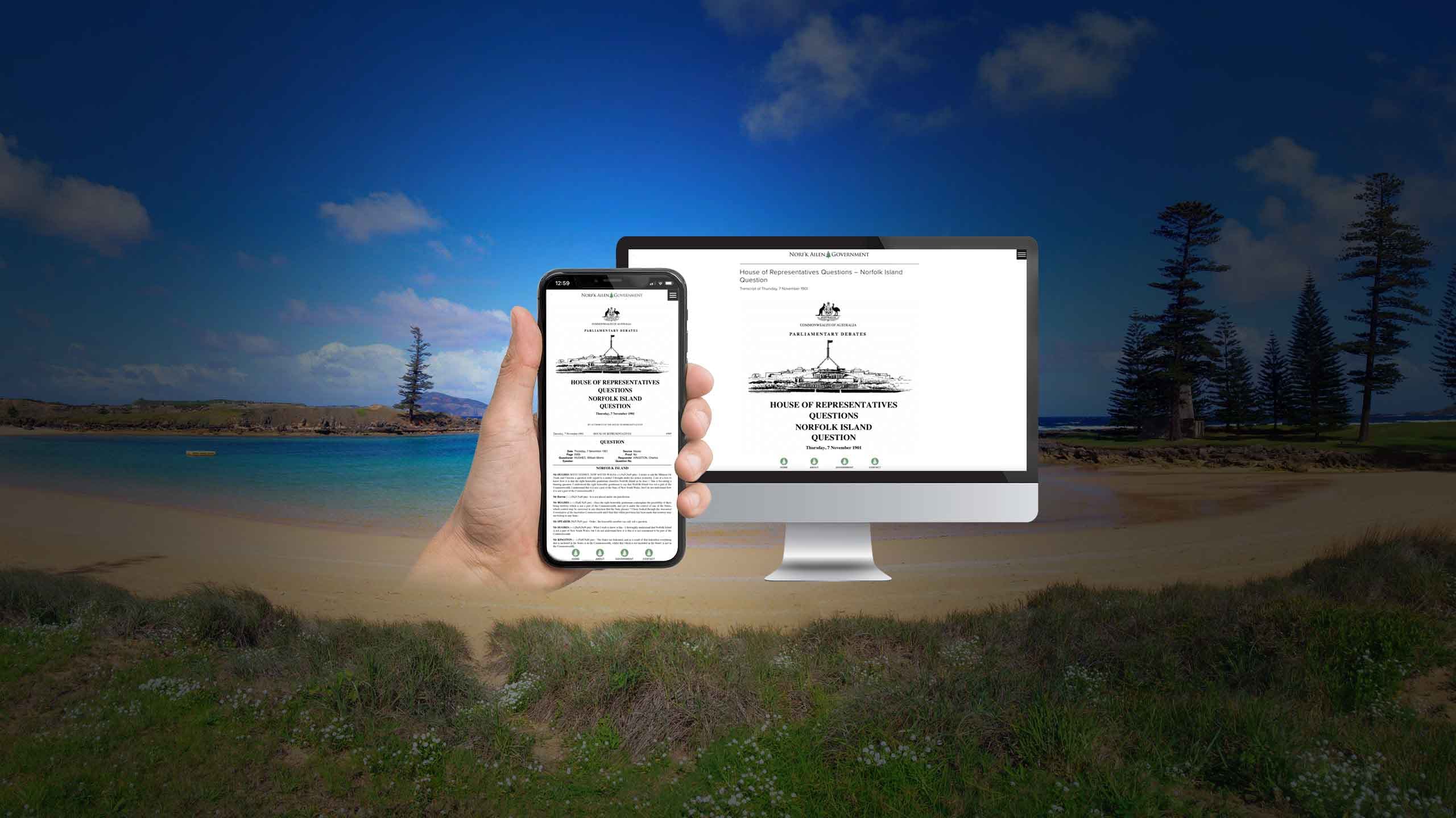 Norf'k Ailen Government parliamentary history page on desktop and mobile devices over a Norfolk Island beach