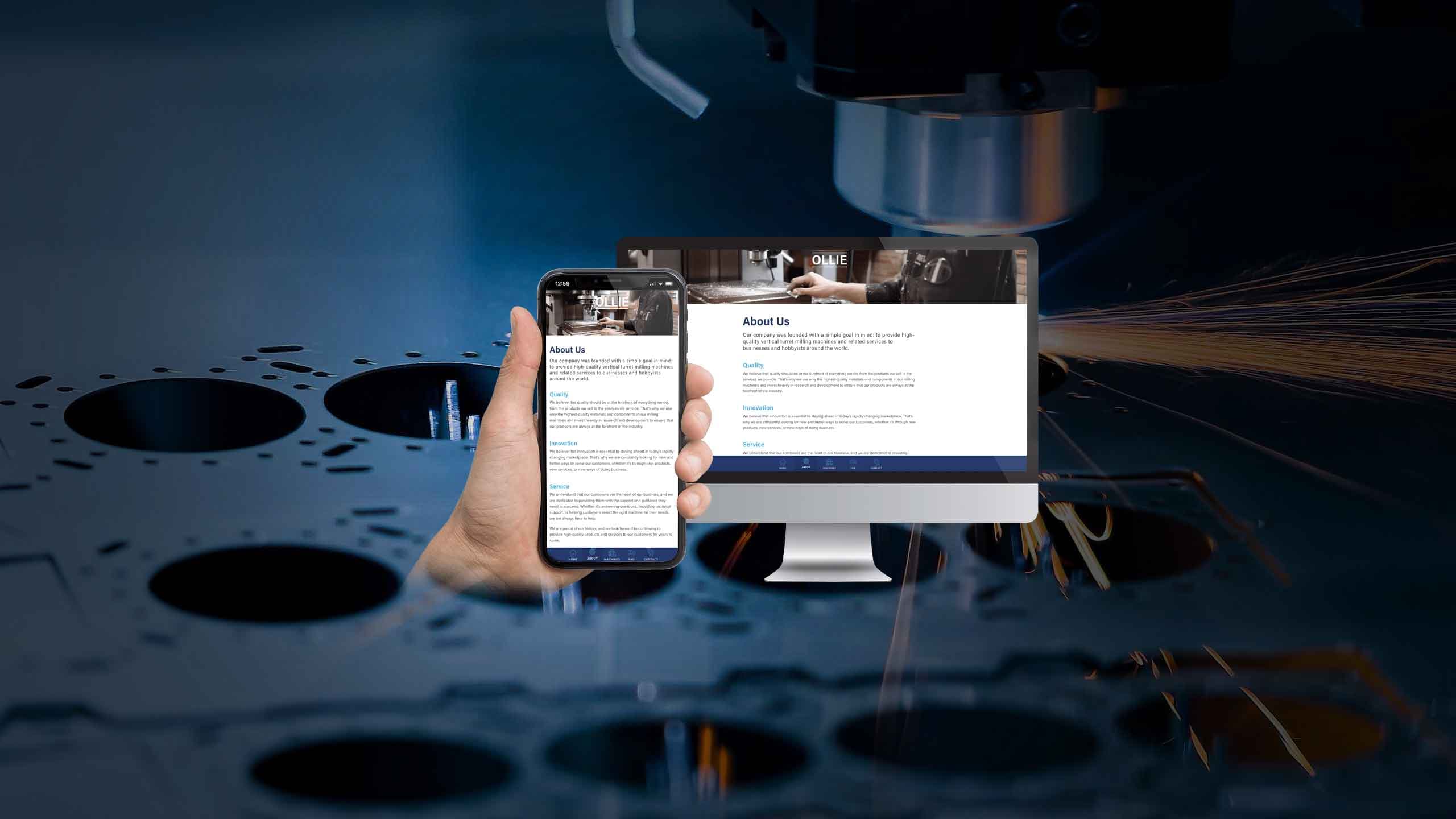 Ollie Trading website on desktop and mobile devices over a milling machine workshop background