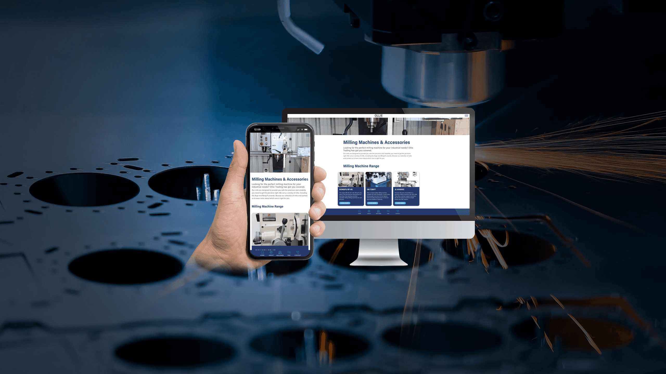 Ollie Trading website milling machines page shown on desktop and mobile over an industrial background