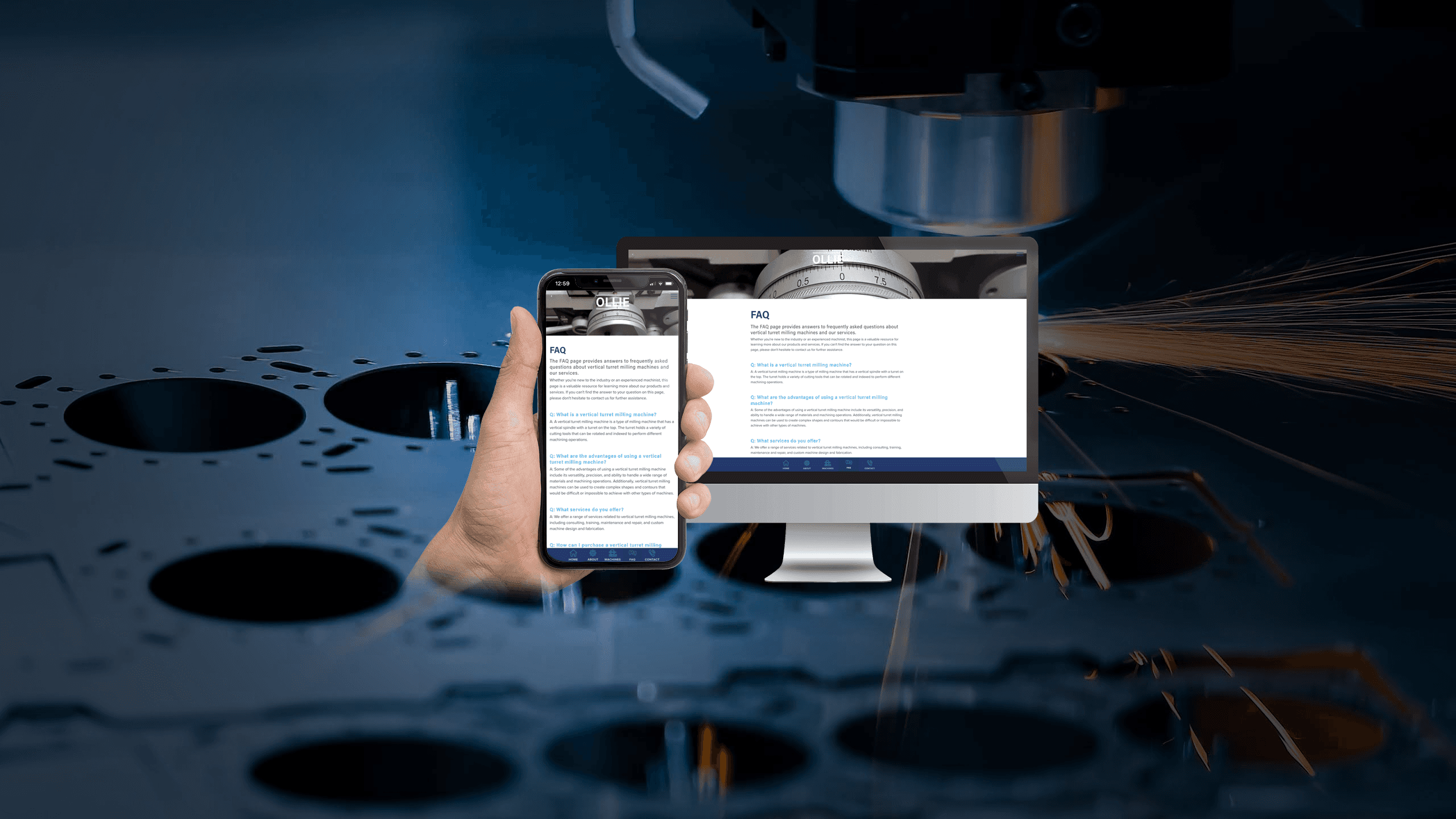 Ollie Trading website FAQ page displayed on desktop and mobile over an industrial background