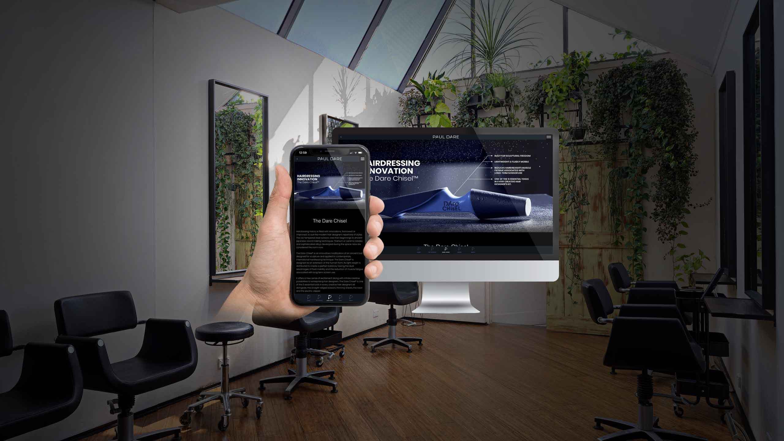 Paul Dare website Dare Chisel product page on a desktop monitor and smartphone in a hair salon
