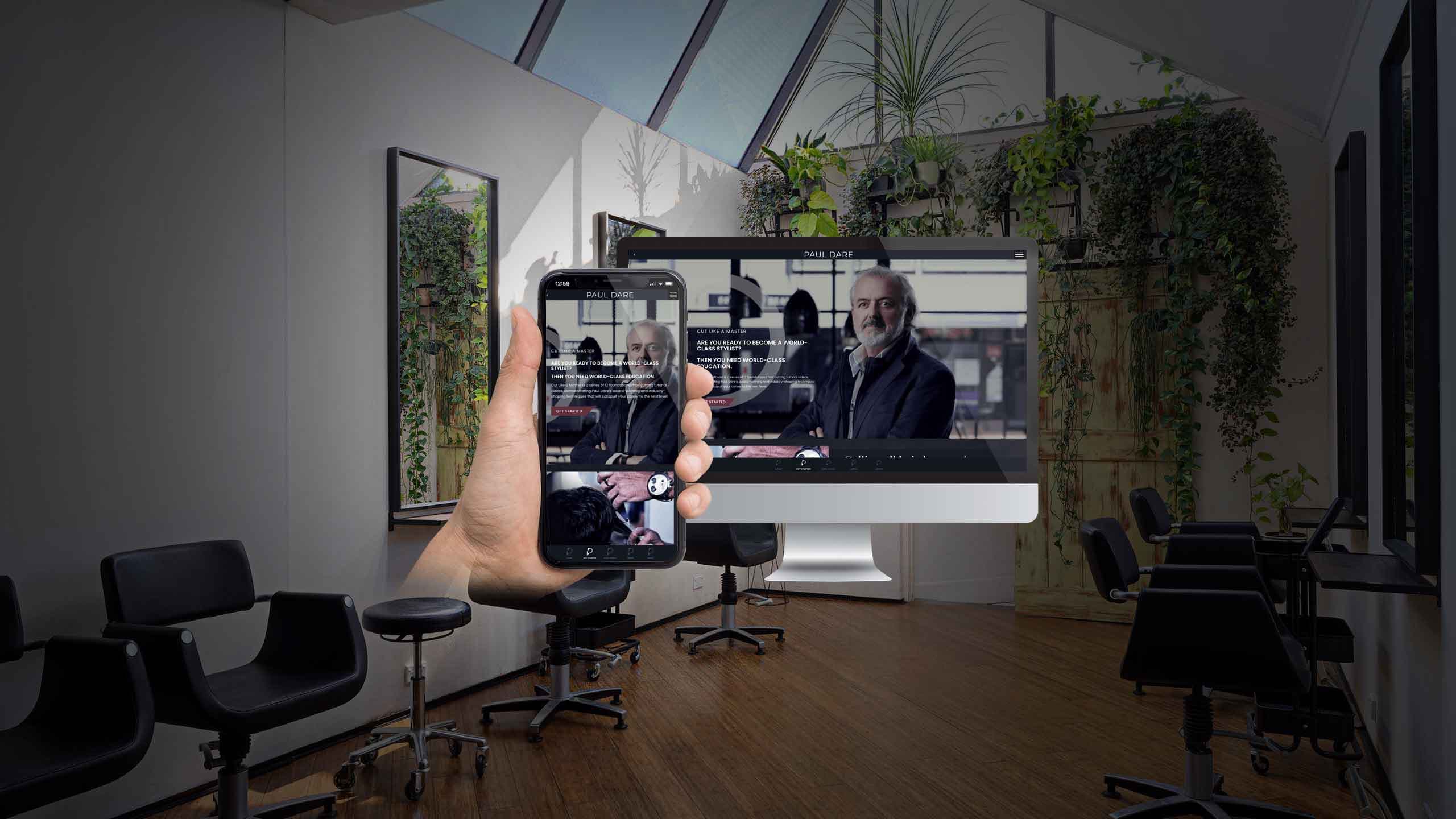Paul Dare website Cut Like a Master page on a desktop monitor and smartphone in a hair salon