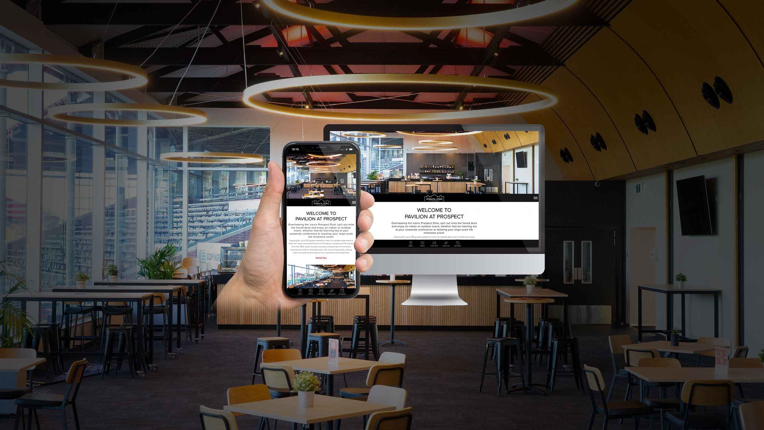 Pavilion at Prospect homepage displayed on a desktop monitor and smartphone, restaurant interior backdrop