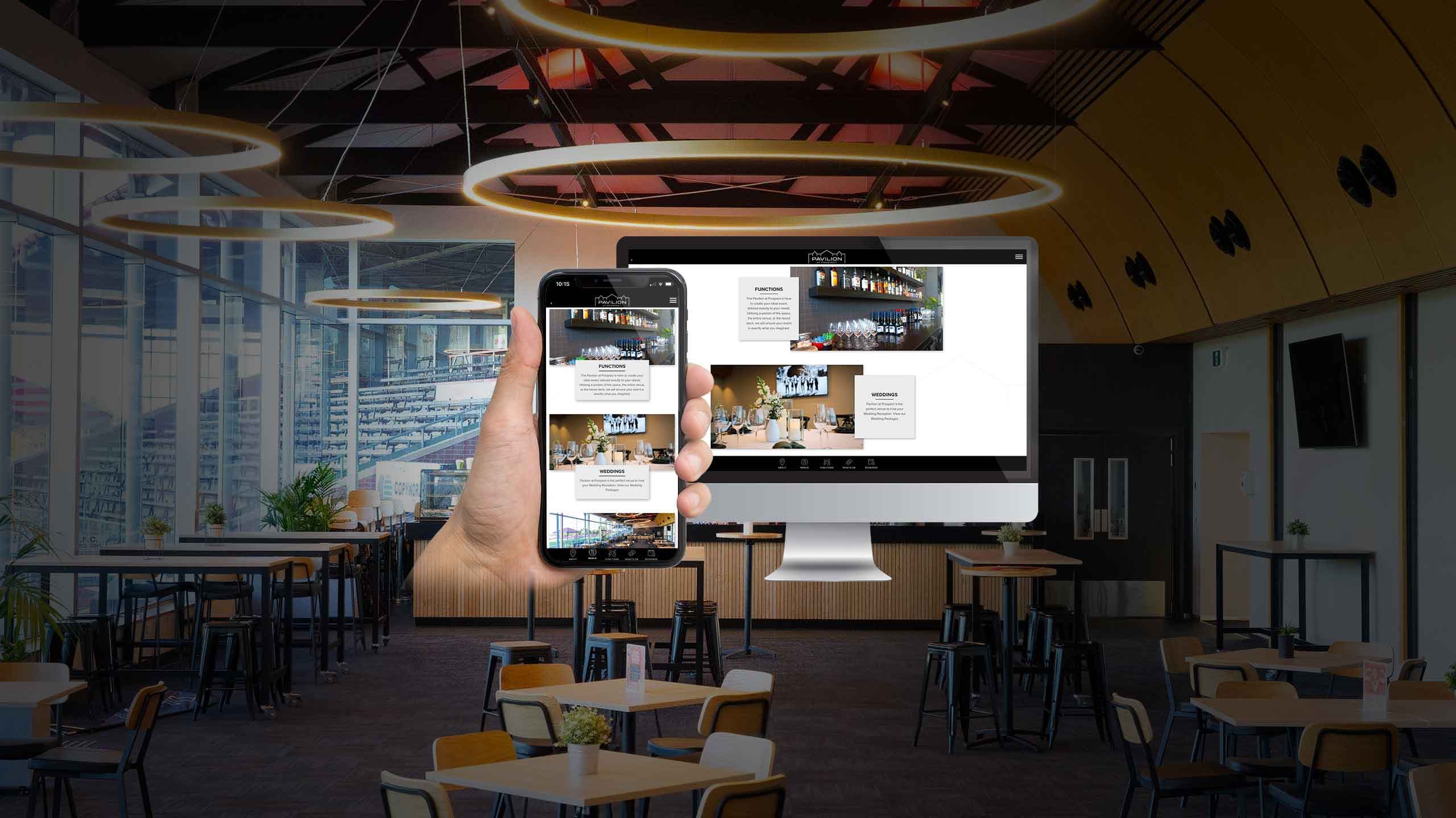Pavilion at Prospect functions and weddings page on a desktop monitor and smartphone, venue interior backdrop