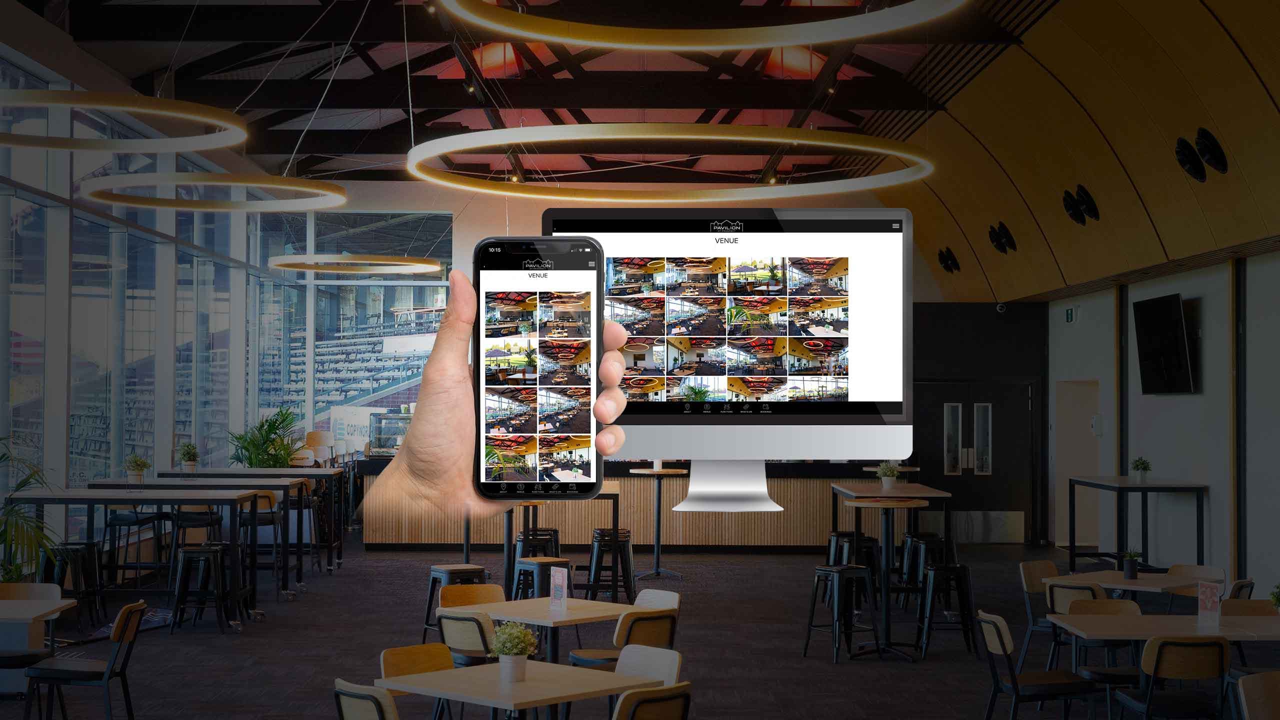 Pavilion at Prospect venue gallery page displayed on a desktop monitor and smartphone, venue interior backdrop
