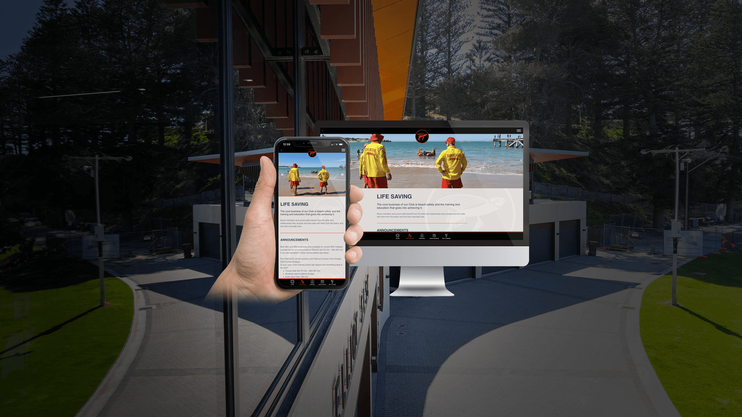 Port Elliot SLSC life saving page on a desktop monitor and smartphone over a photo of the clubhouse