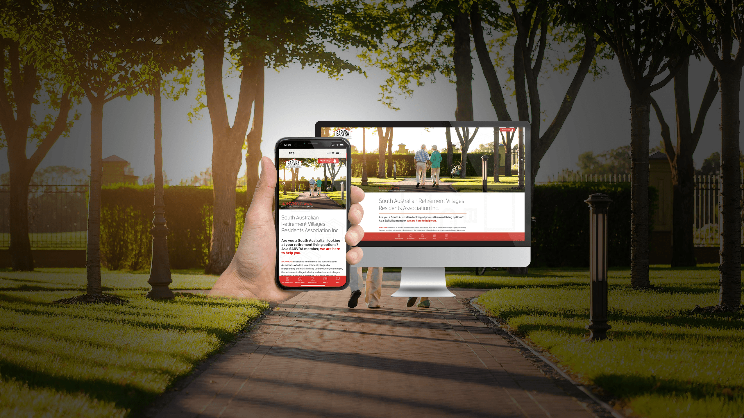 SARVRA homepage on desktop and smartphone against a retirement village garden path
