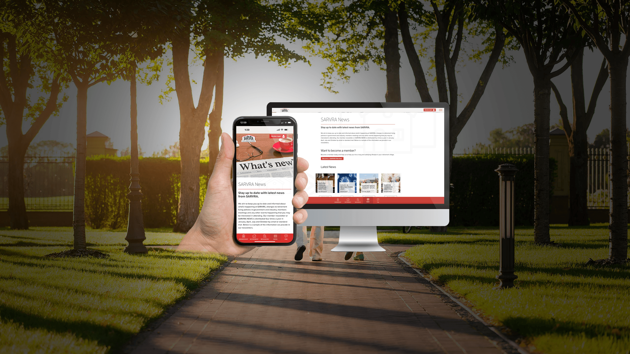 SARVRA News page on desktop and smartphone against a retirement village garden path