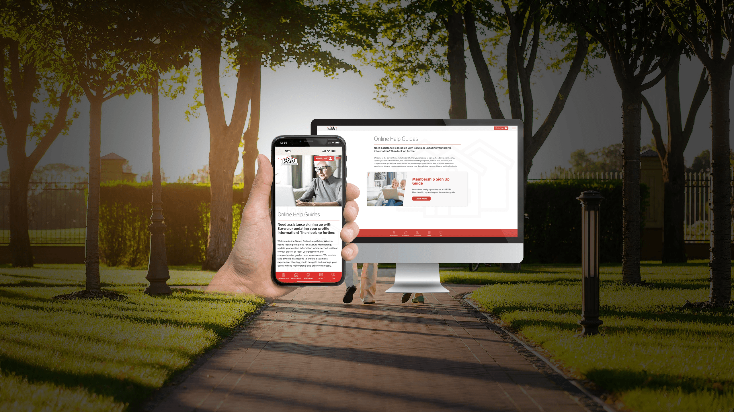 SARVRA Online Help Guides page on desktop and smartphone against a garden path