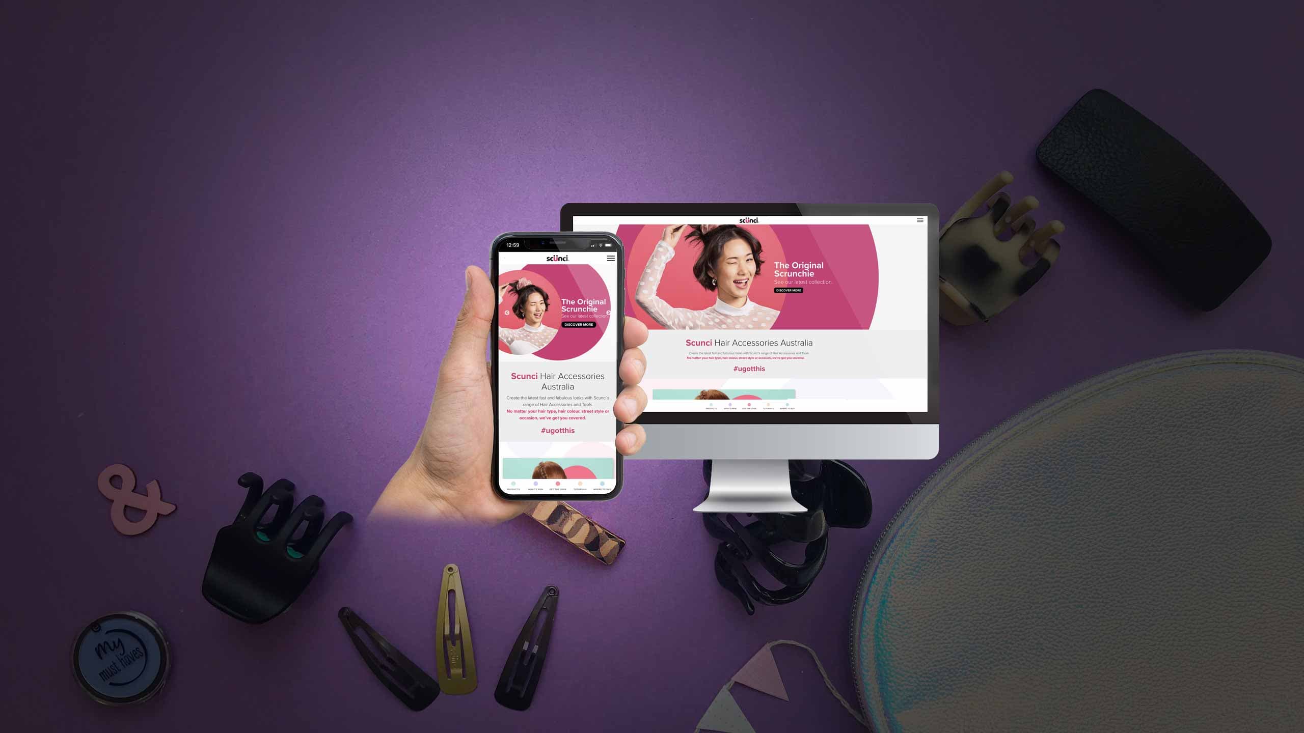 Scunci website homepage on desktop and mobile surrounded by hair clips and accessories