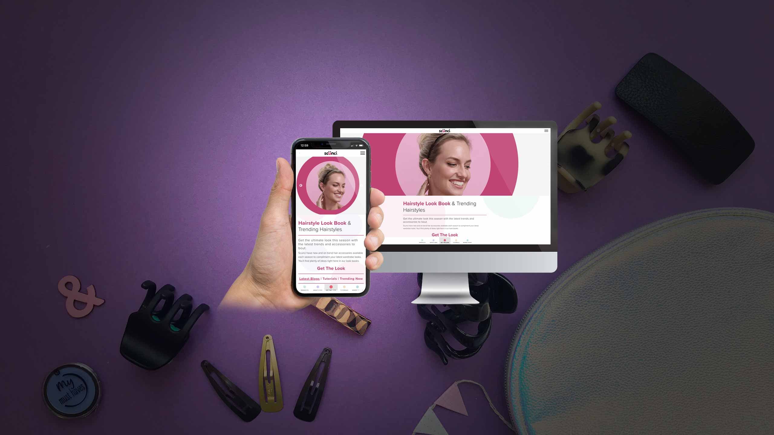Scunci hairstyle look book page on desktop and mobile surrounded by hair clips and accessories