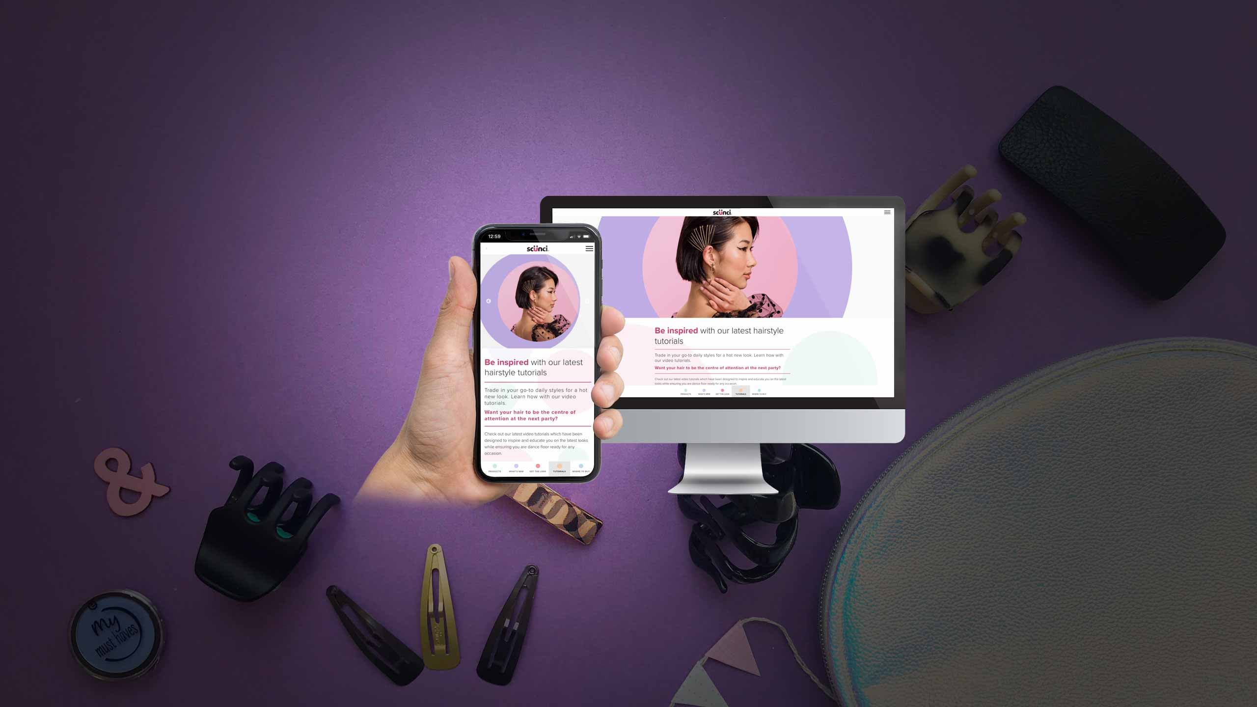 Scunci hairstyle tutorials page on desktop and mobile surrounded by hair clips and accessories