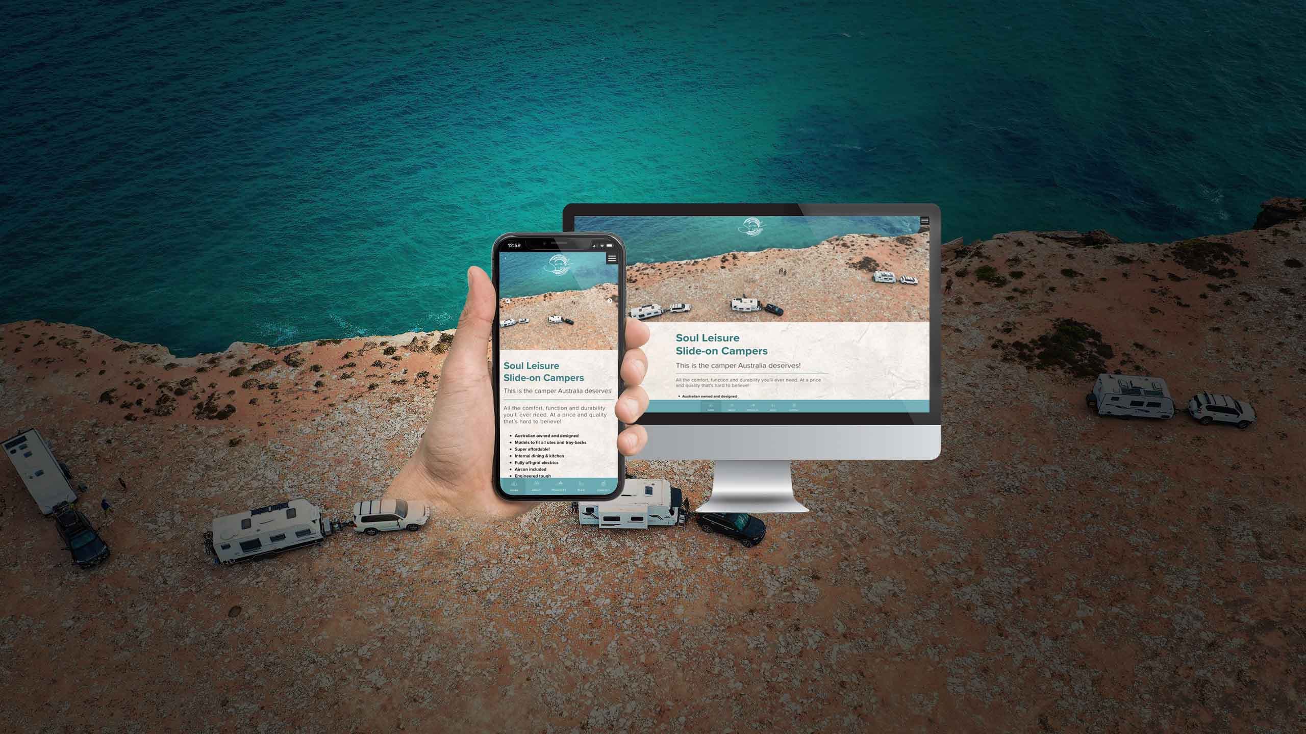 Soul Leisure website homepage on desktop and mobile, set against an aerial view of campers on a coastal clifftop