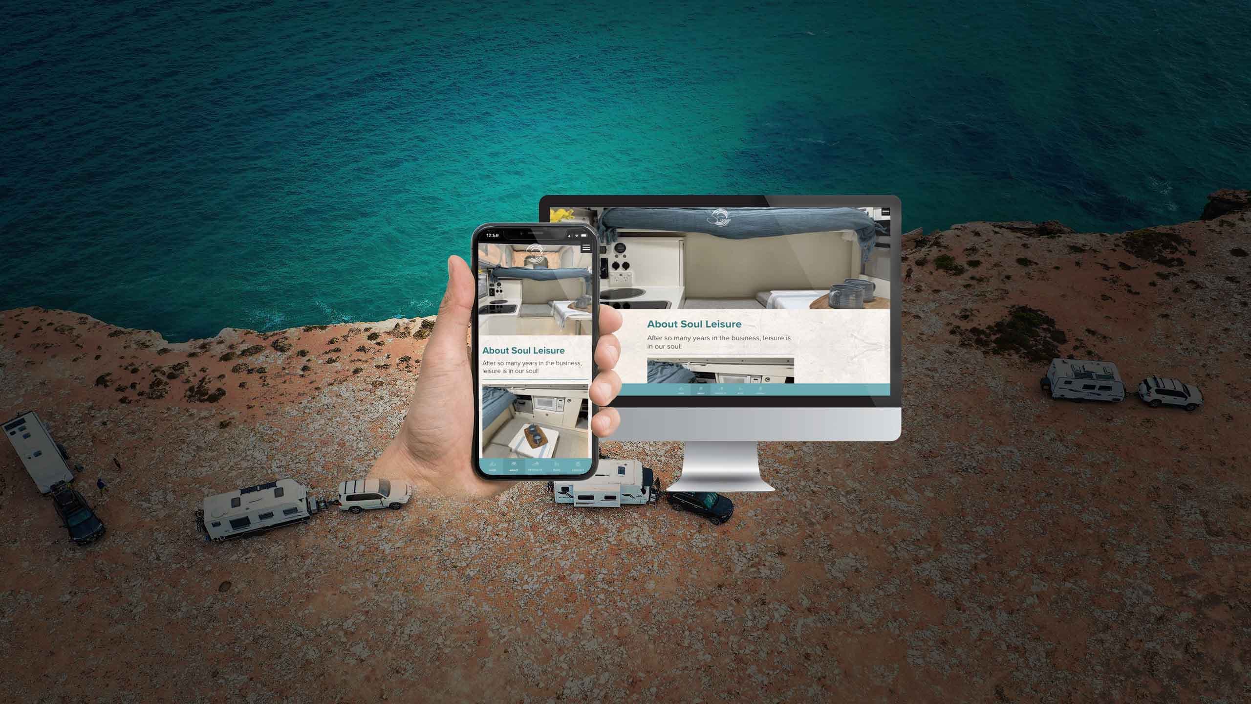Soul Leisure website About page on desktop and mobile, set against the interior of a slide-on camper