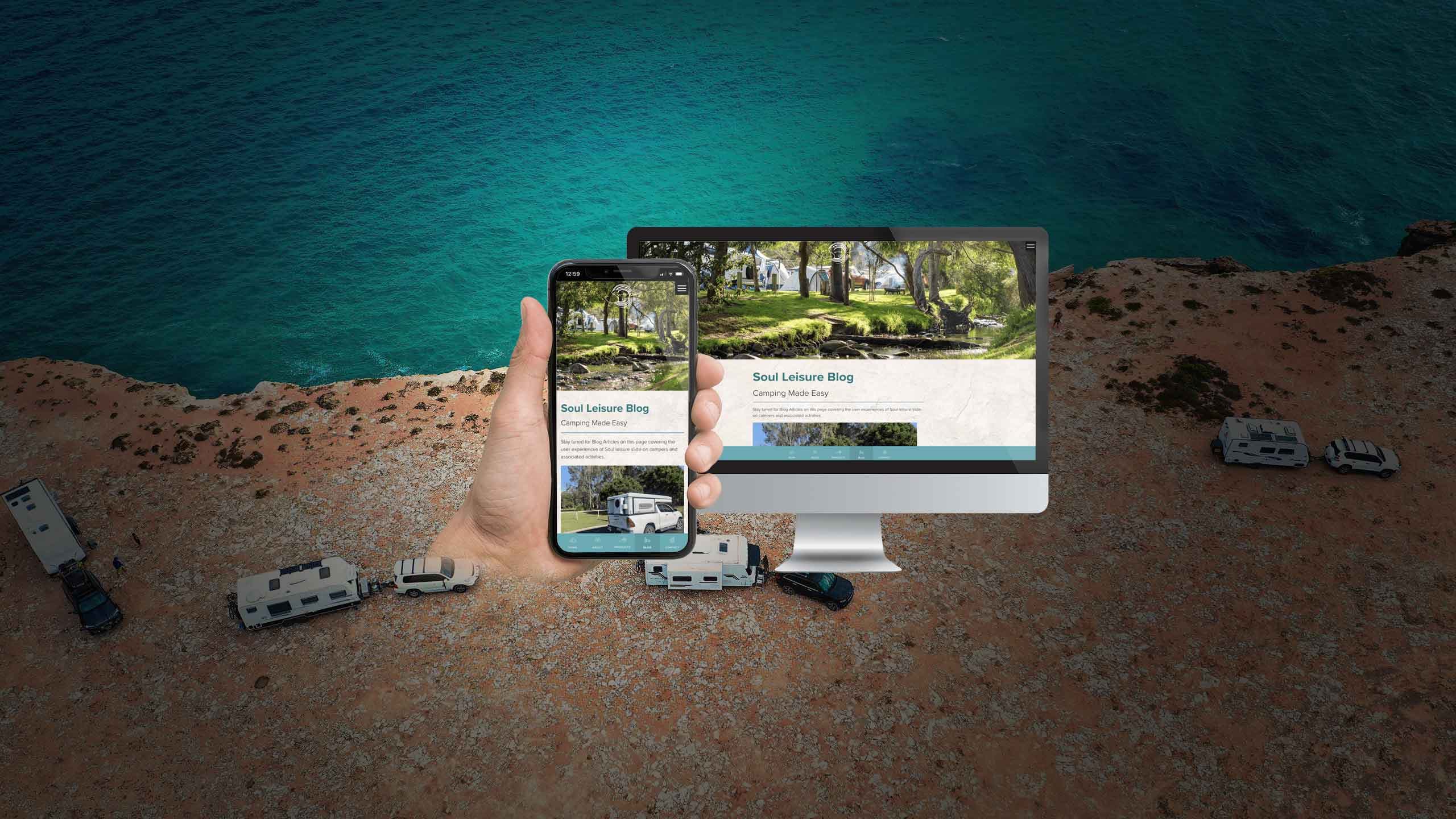 Soul Leisure website Blog page on desktop and mobile, set against a forest campsite beside a creek