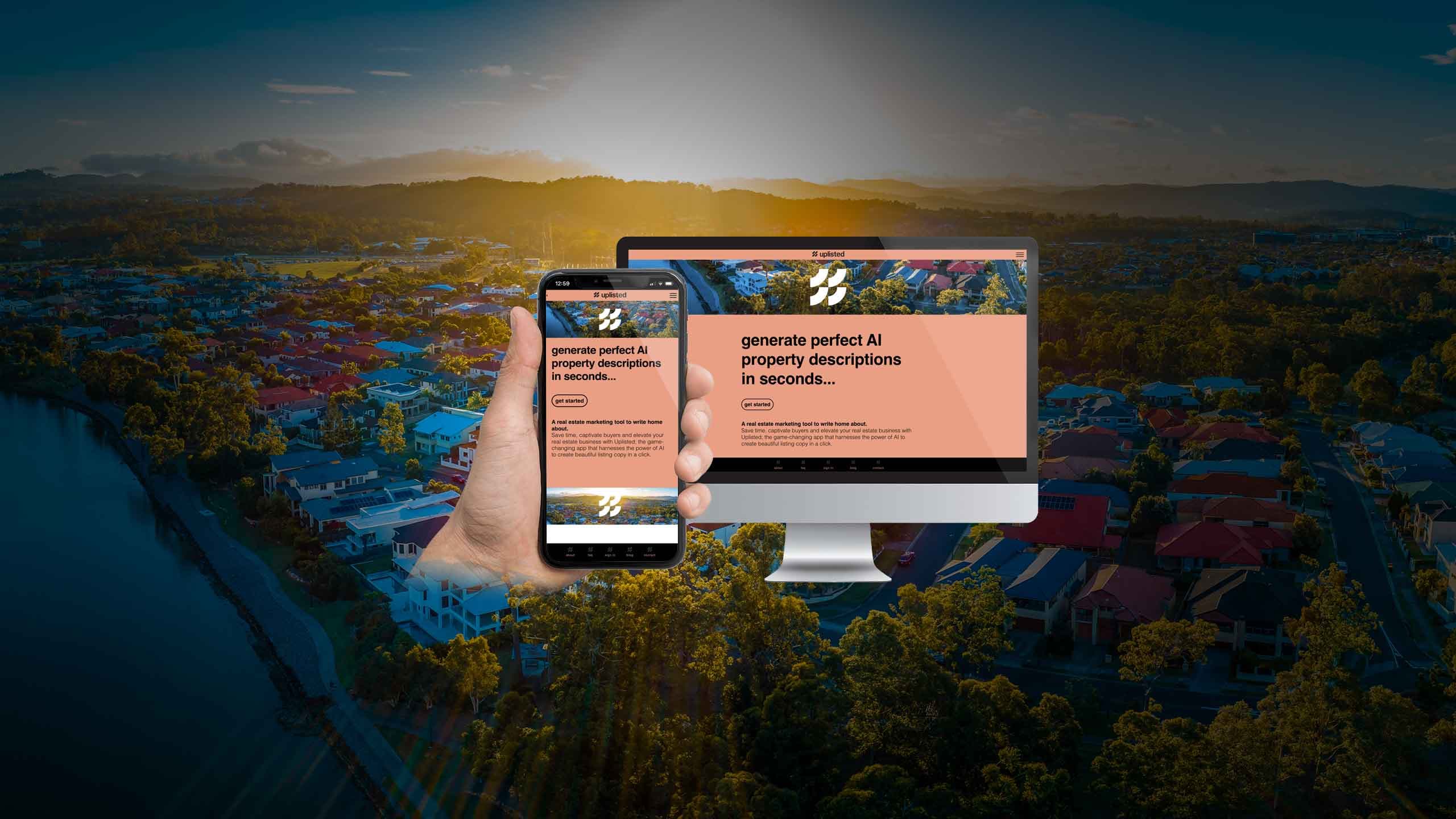 Uplisted app homepage mockup on a desktop monitor and smartphone over an aerial suburb at sunset