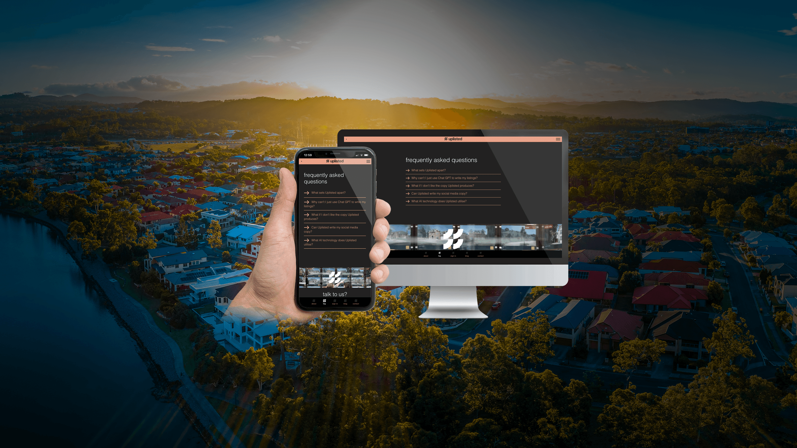 Uplisted FAQ page mockup on a desktop monitor and smartphone over an aerial suburb at sunset