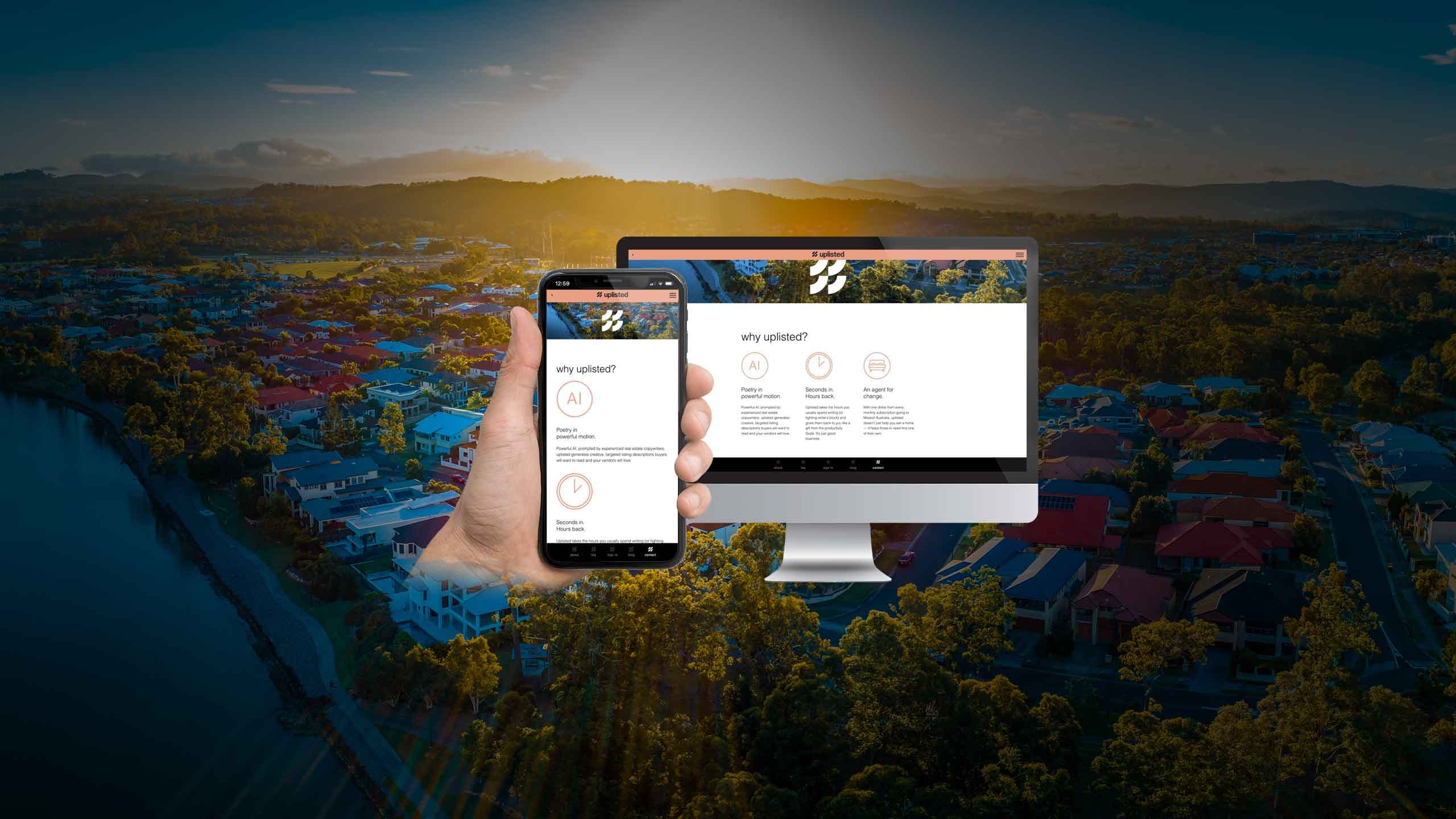 Uplisted 'why uplisted' page mockup on a desktop monitor and smartphone over an aerial suburb sunset