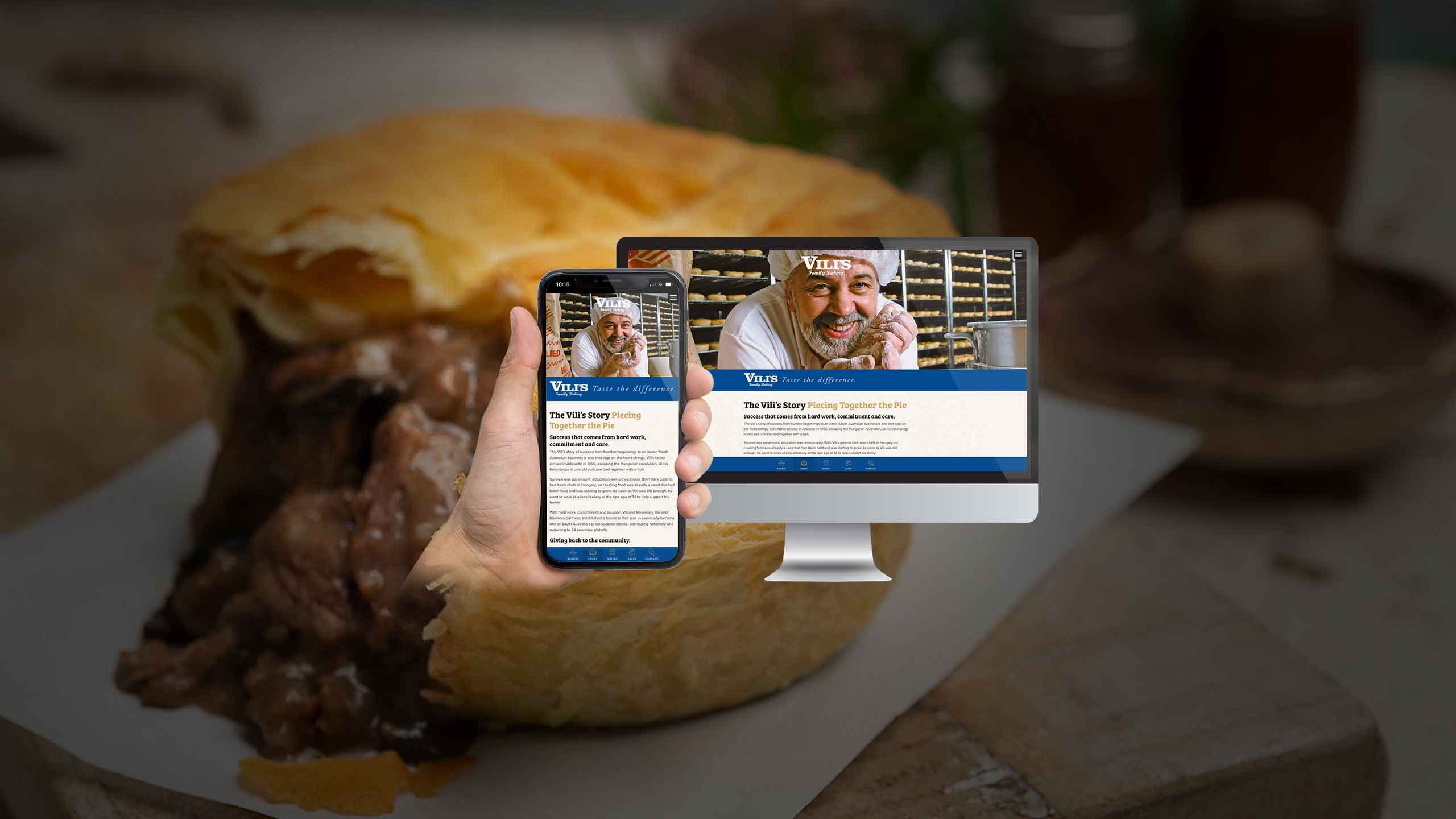 Vili's Family Bakery website shown on a desktop monitor and smartphone over a close-up of a meat pie