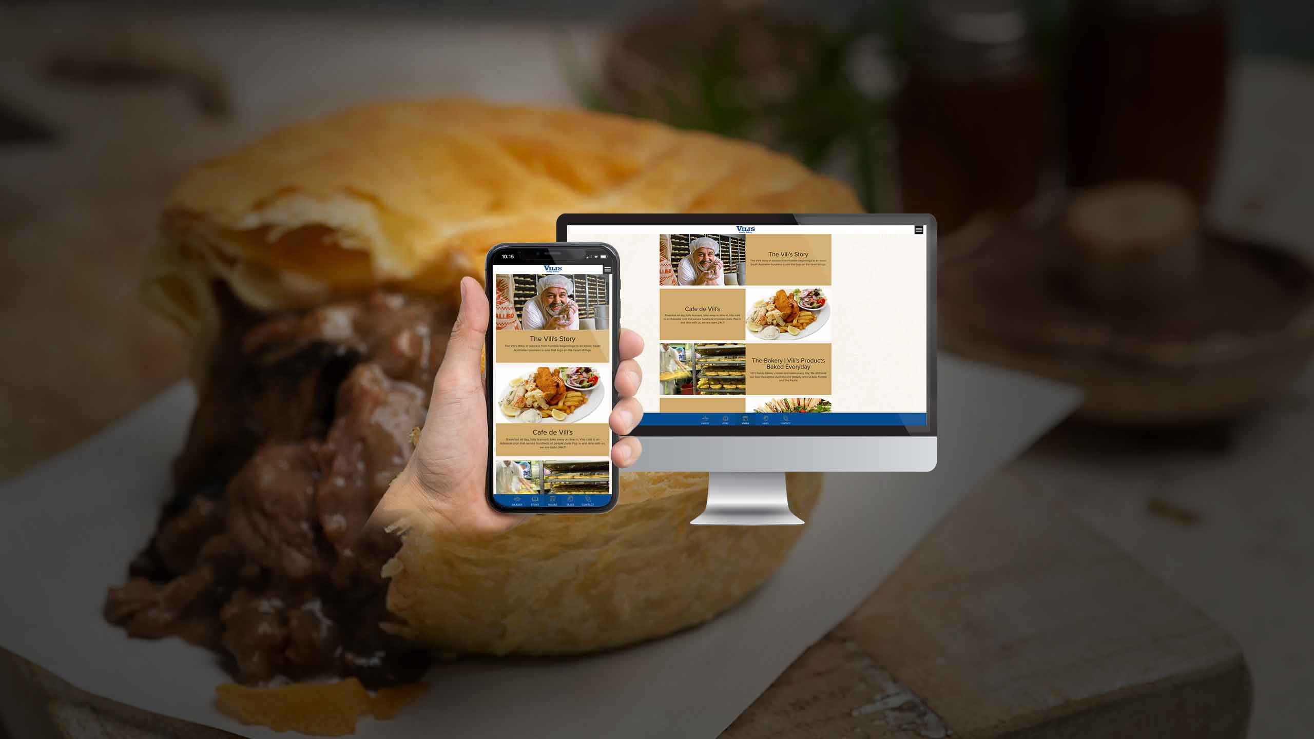 Vili's Family Bakery cafe page shown on a desktop monitor and smartphone over a close-up of a meat pie