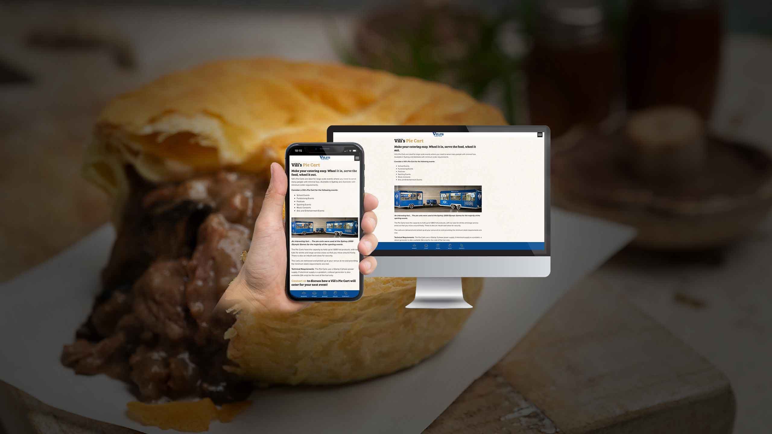Vili's Family Bakery pie cart page shown on a desktop monitor and smartphone over a close-up of a meat pie