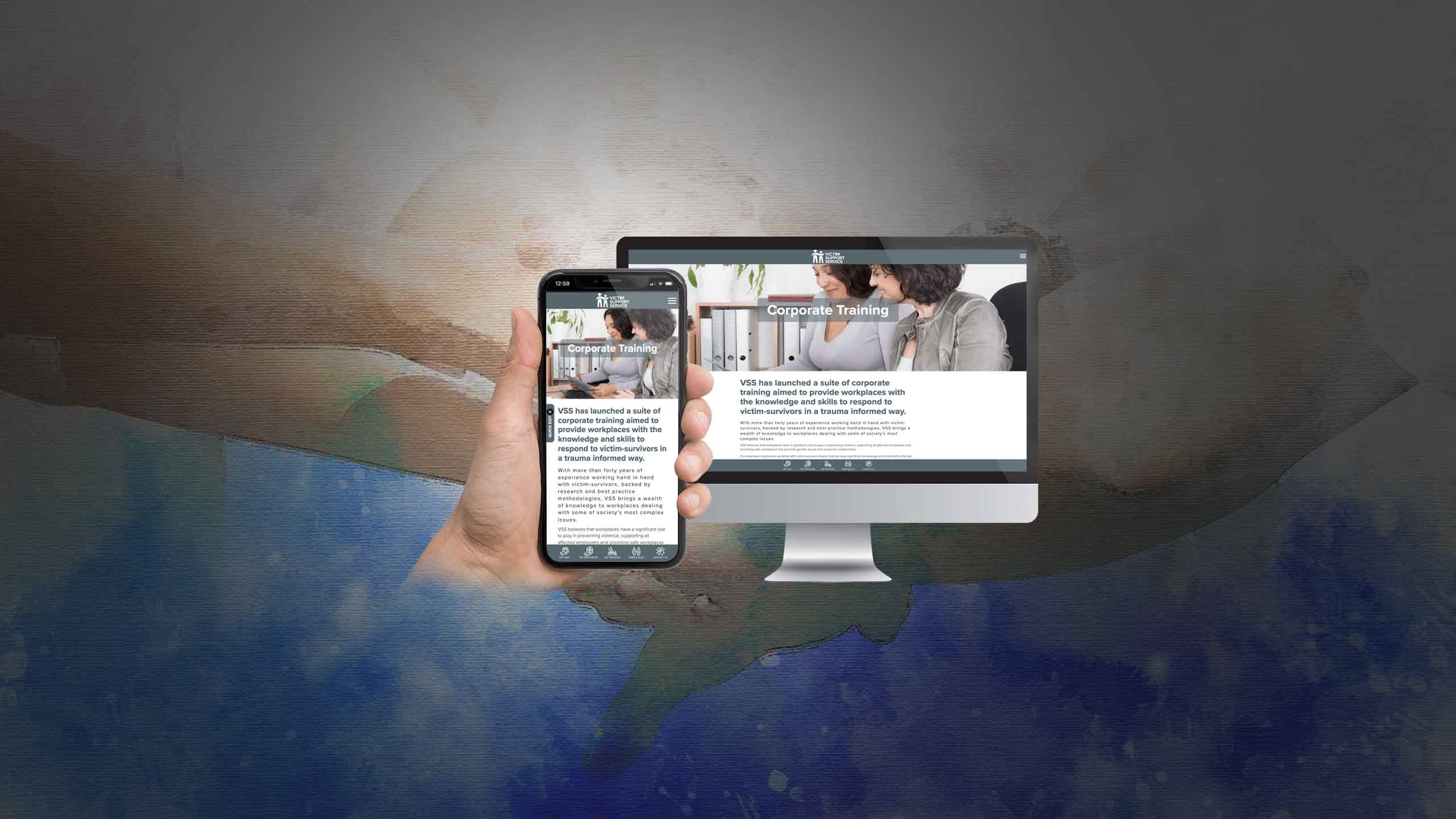 Victim Support Service website Corporate Training page displayed on a desktop monitor and smartphone
