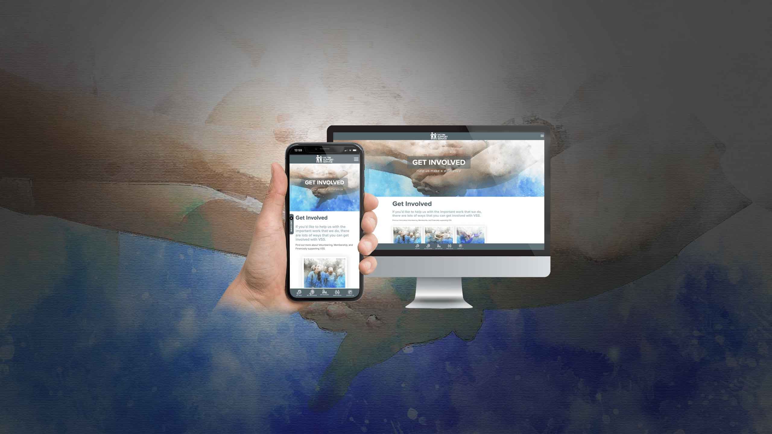 Victim Support Service website Get Involved page displayed on a desktop monitor and smartphone