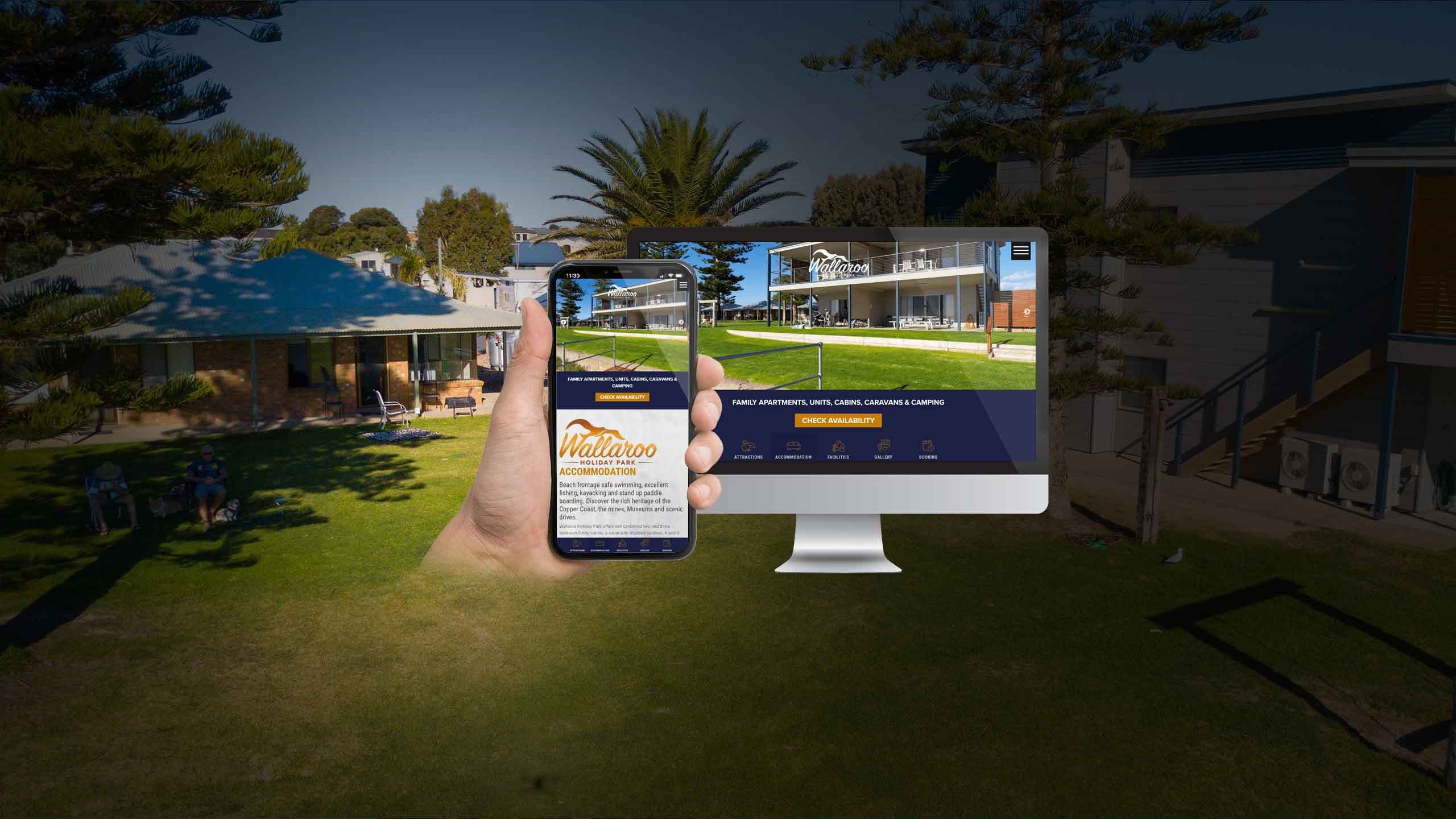 Wallaroo Holiday Park website displayed on a desktop monitor and smartphone in front of the park accommodation