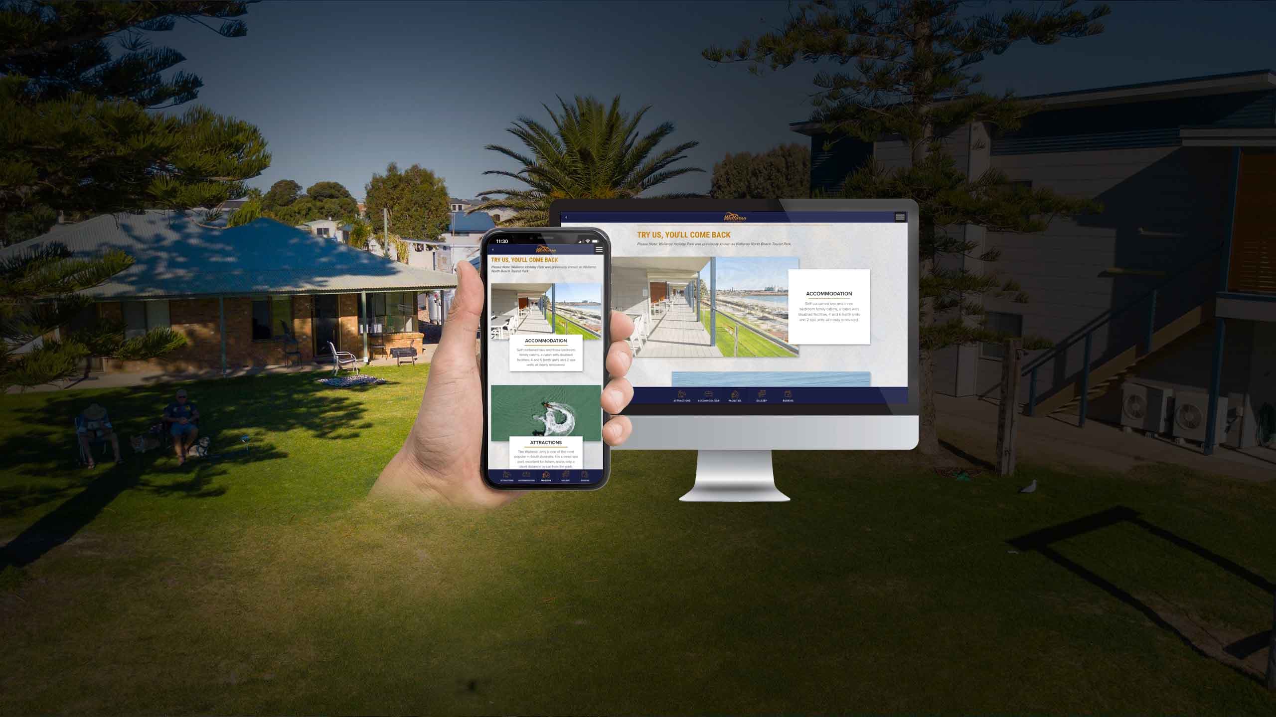 Wallaroo Holiday Park website displayed on a desktop monitor and smartphone amid the park's lawns and palms