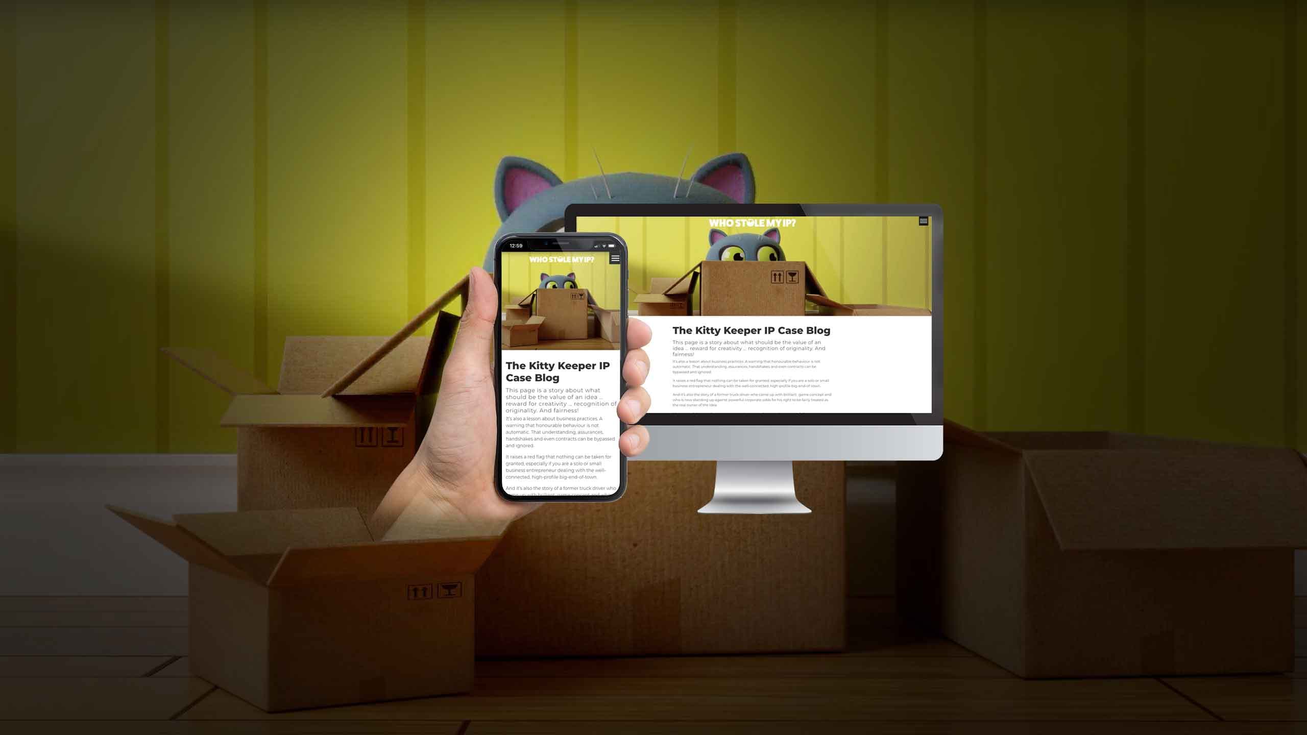 The Kitty Keeper IP Case Blog page shown on desktop and smartphone against a cardboard box backdrop