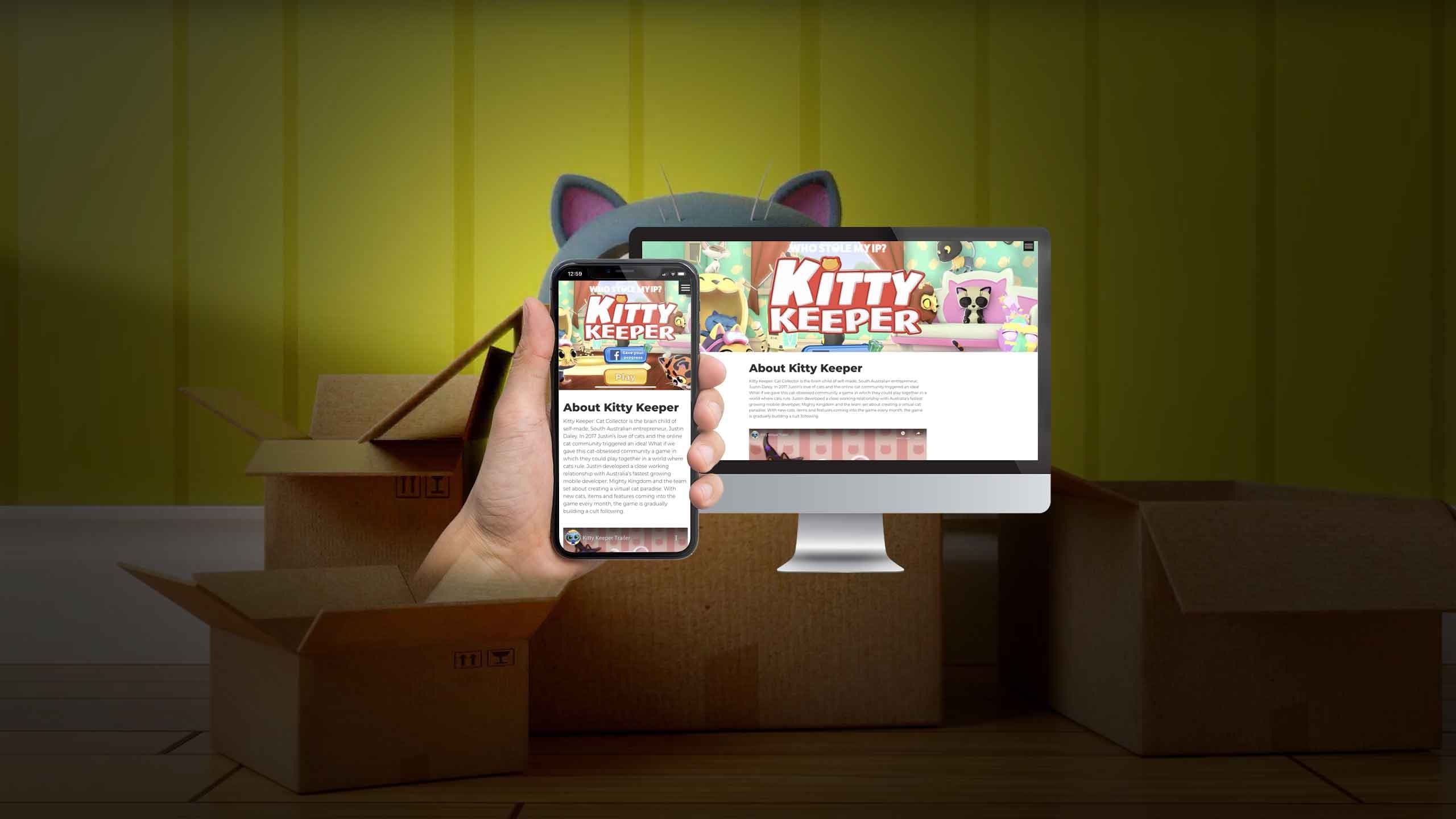 About Kitty Keeper page on the Who Stole My IP? website shown on desktop and smartphone screens