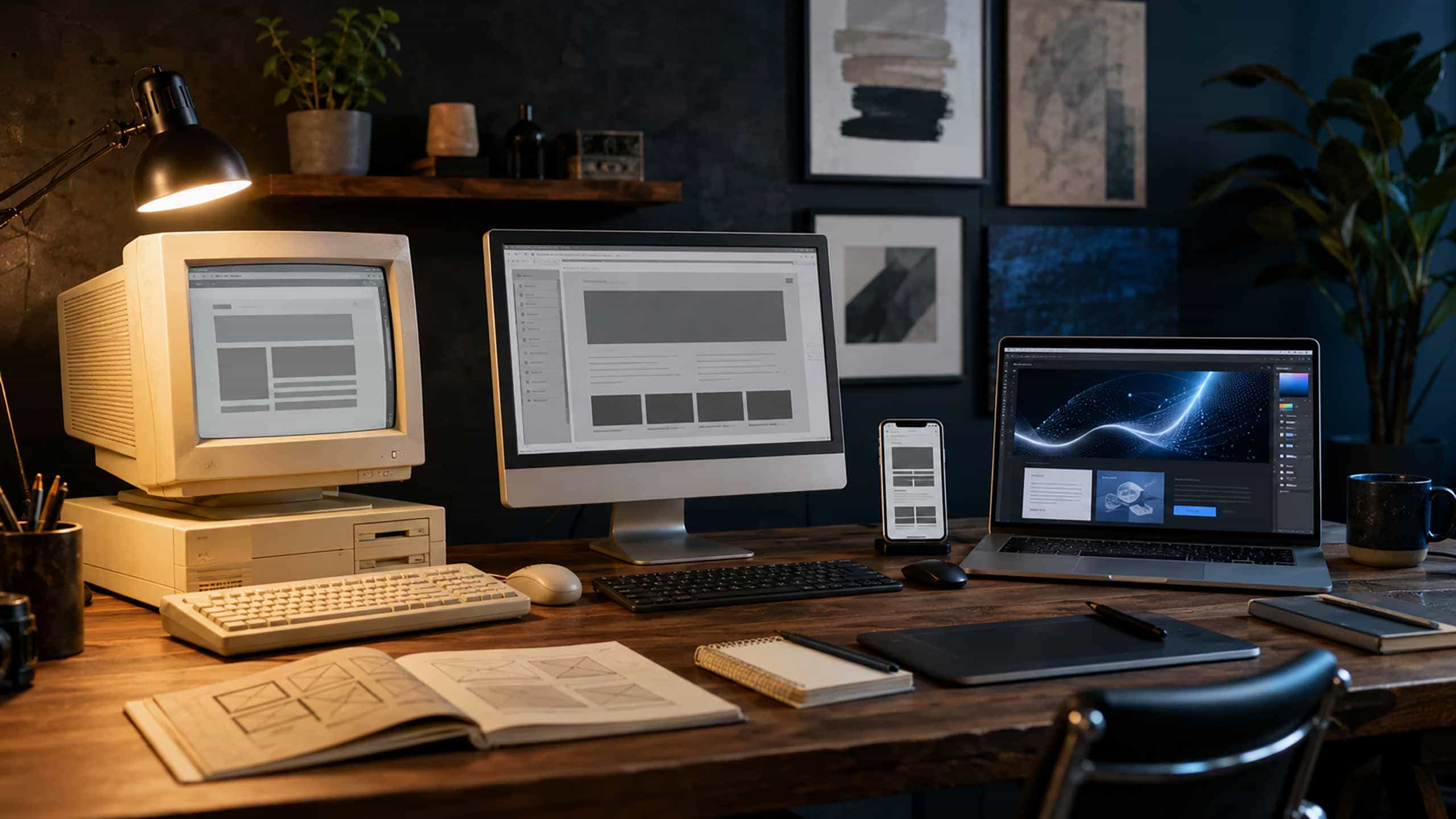 Vintage and modern computer setups side by side, symbolising 30 years of website design evolution