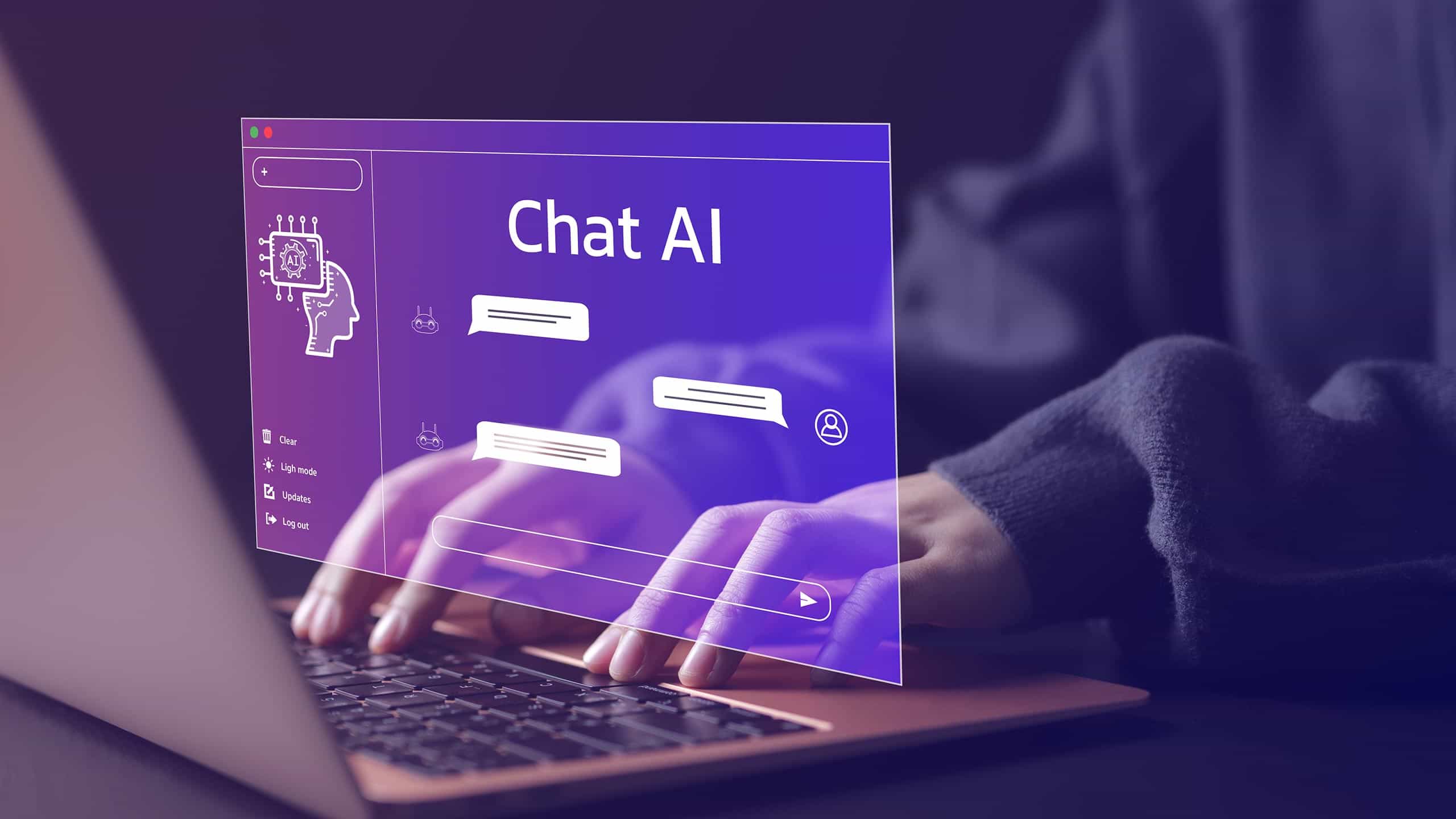 Person typing on a laptop with a holographic Chat AI interface overlay