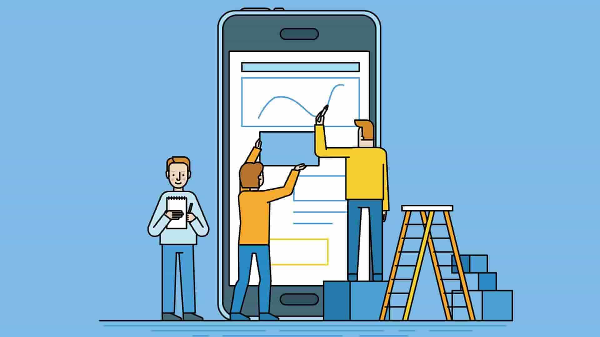 Illustration of a team building and inspecting a website on a giant smartphone screen