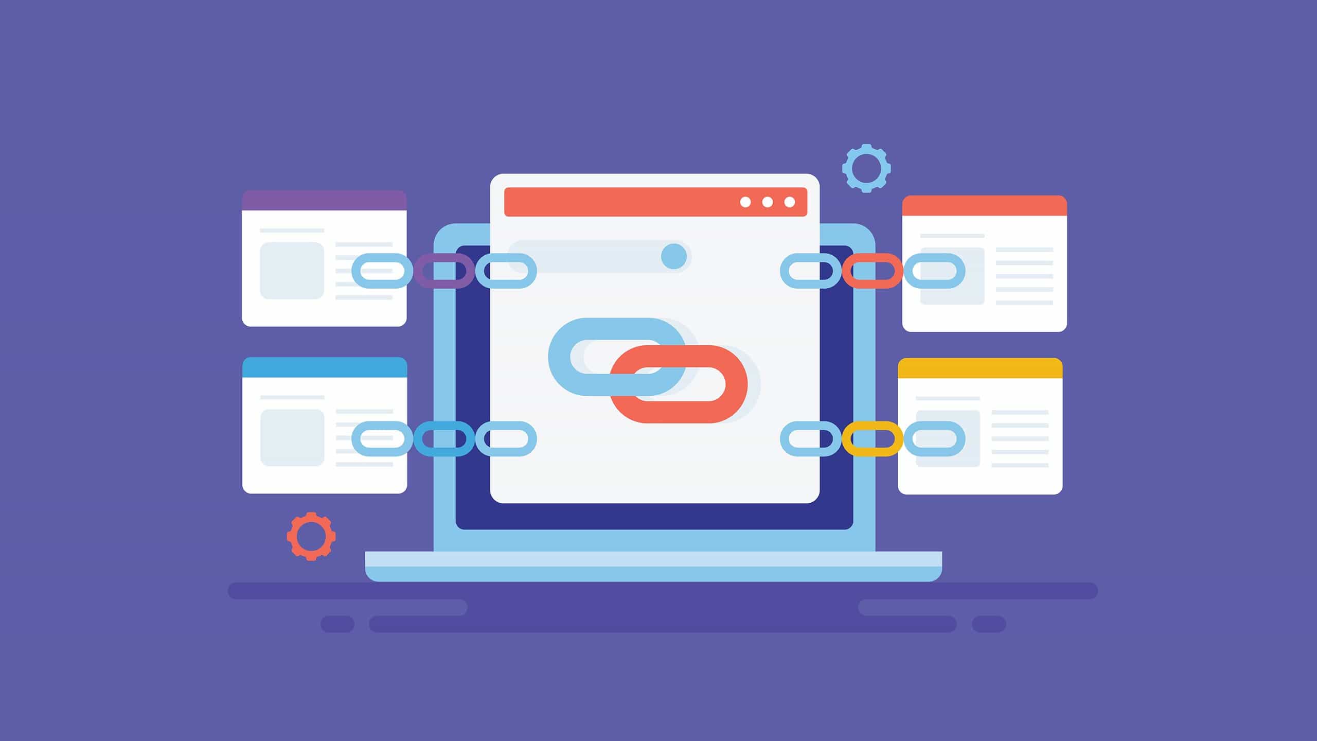 Illustration of a laptop with web pages connected by chain links representing internal linking