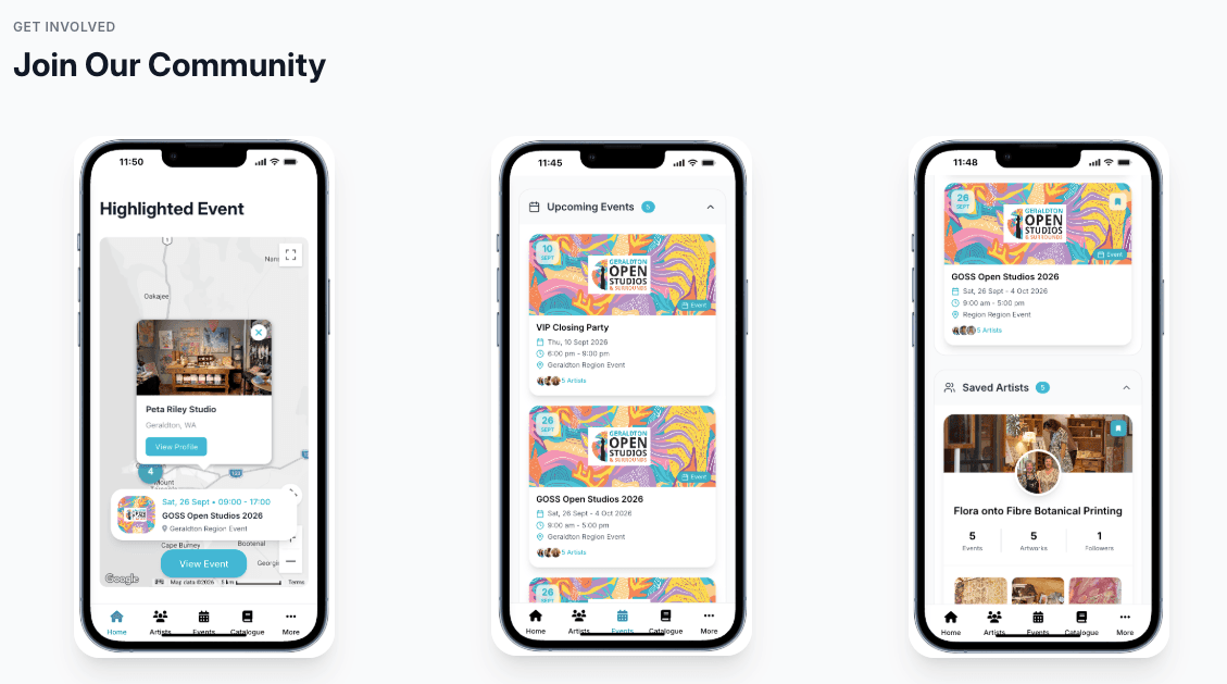 Open Studios Australia app screens on three smartphones showing highlighted events, upcoming events and saved artists