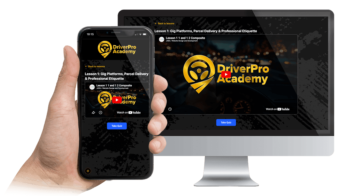 DriverPro Academy training app displayed on a desktop monitor and smartphone showing a gig platform driving lesson
