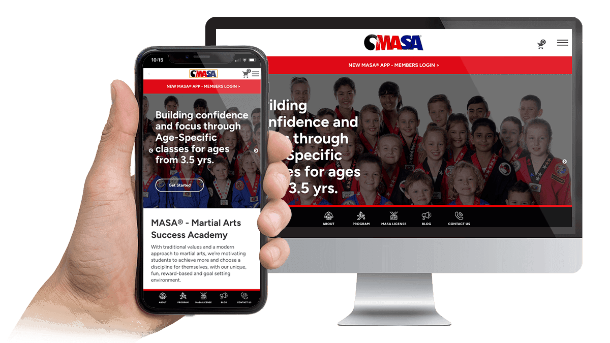 MASA Martial Arts Success Academy website displayed on a desktop monitor and smartphone