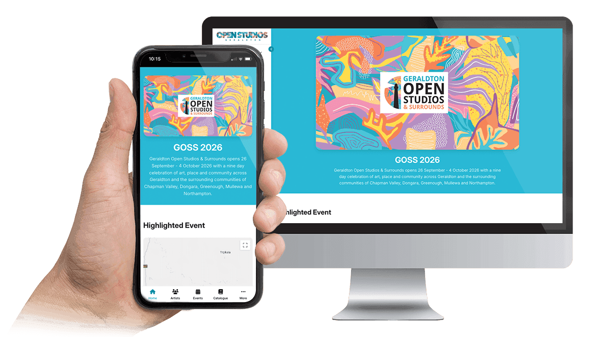 Geraldton Open Studios & Surrounds website displayed on a desktop monitor and smartphone