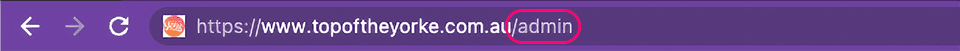 Browser address bar showing /admin added to a website URL to reach the CMS login page