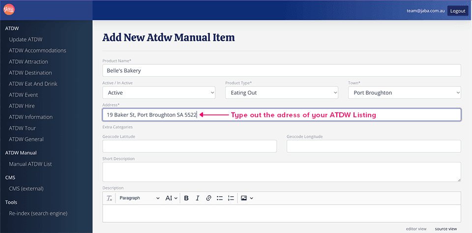 Address field on the Atdw Manual Item form filled in with the business street address