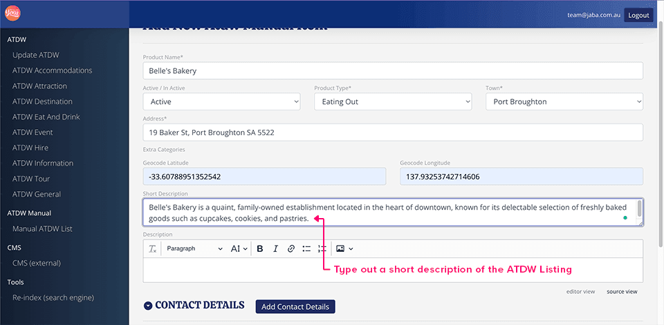 Short Description field on the Atdw Manual Item form filled in with a bakery description