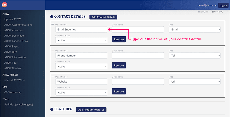 Contact Details panel with the detail name field set to Email Enquiries