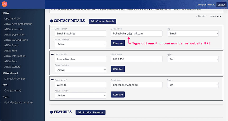 Contact Details panel filled in with an email address, phone number and website URL