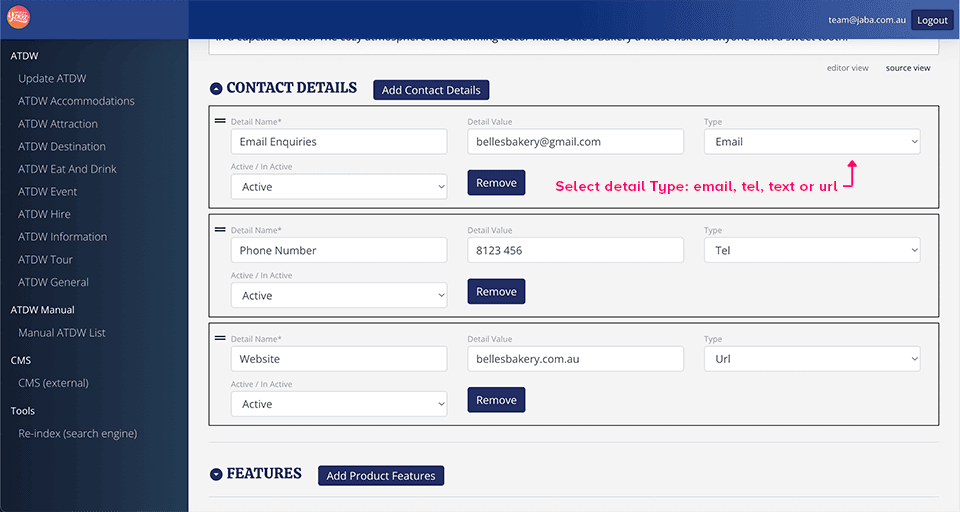 Contact Details panel with the detail Type dropdown for choosing email, tel, text or url