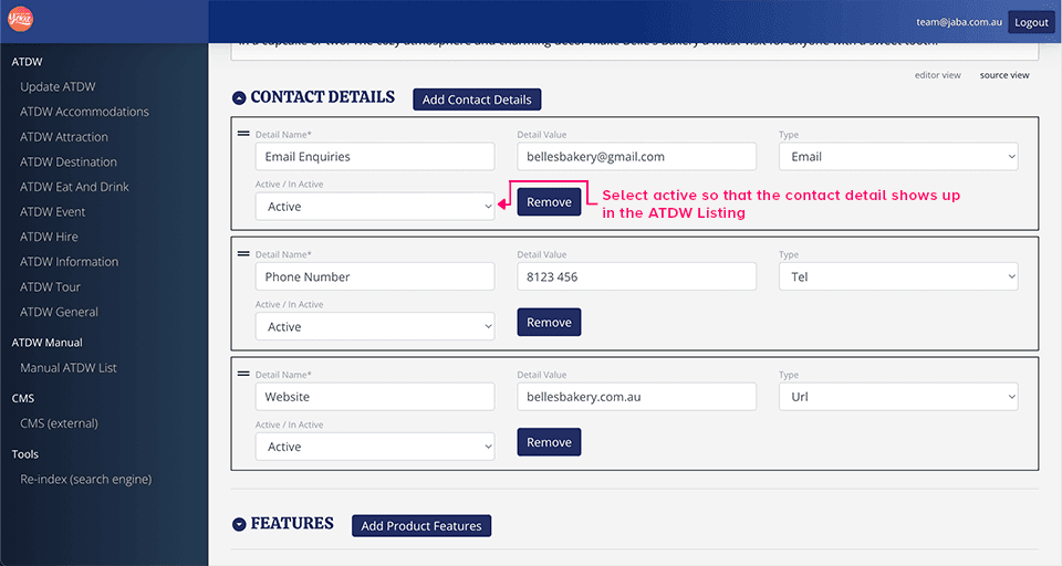 Contact Details panel with the Active status and Remove button highlighted