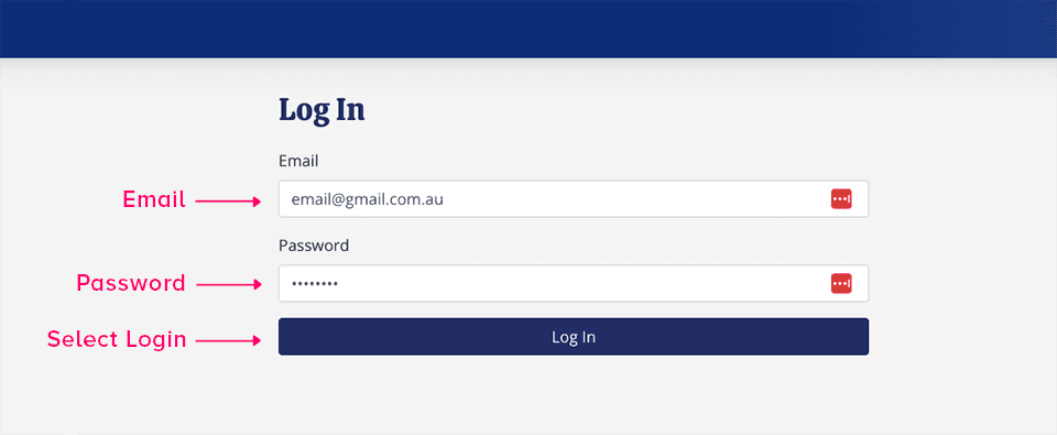 CMS login screen with email and password fields marked for signing in